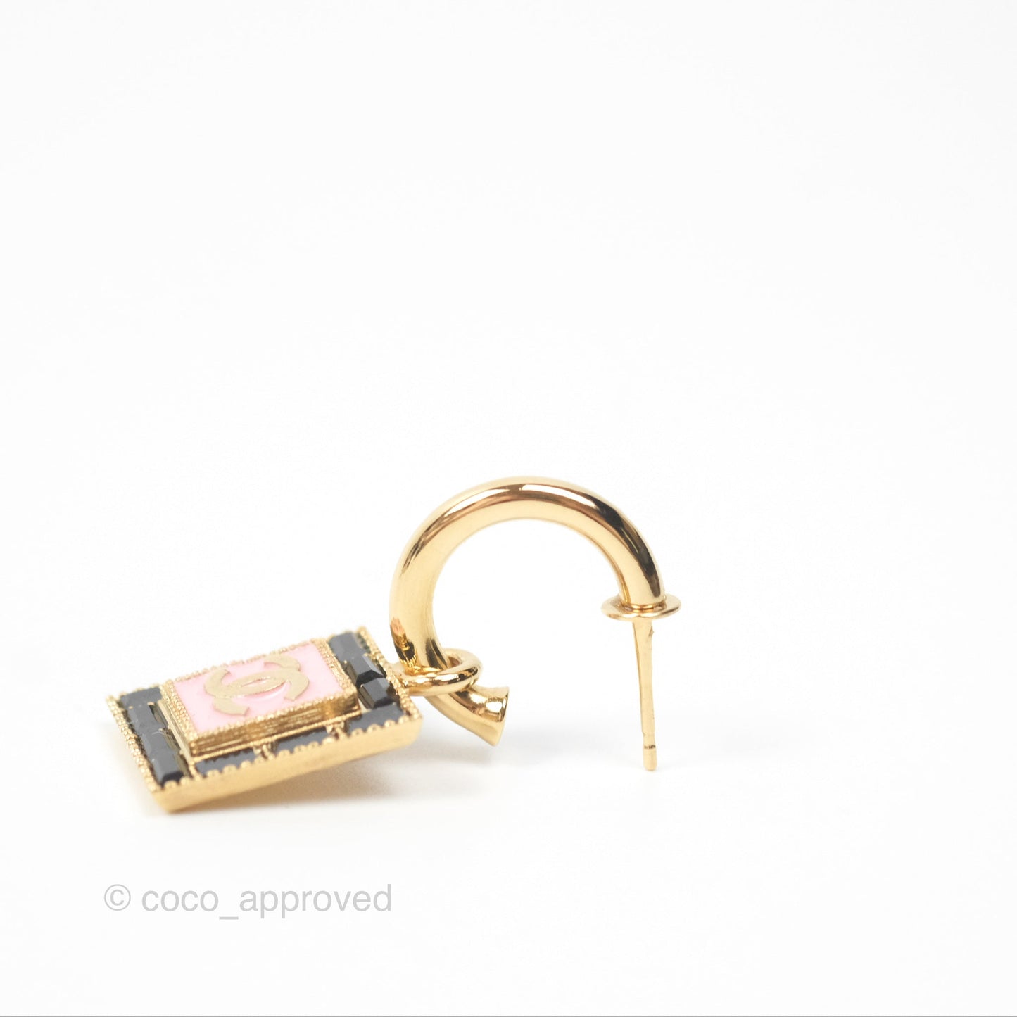 Chanel Square Pink CC Hoop Earrings Gold Tone 24S