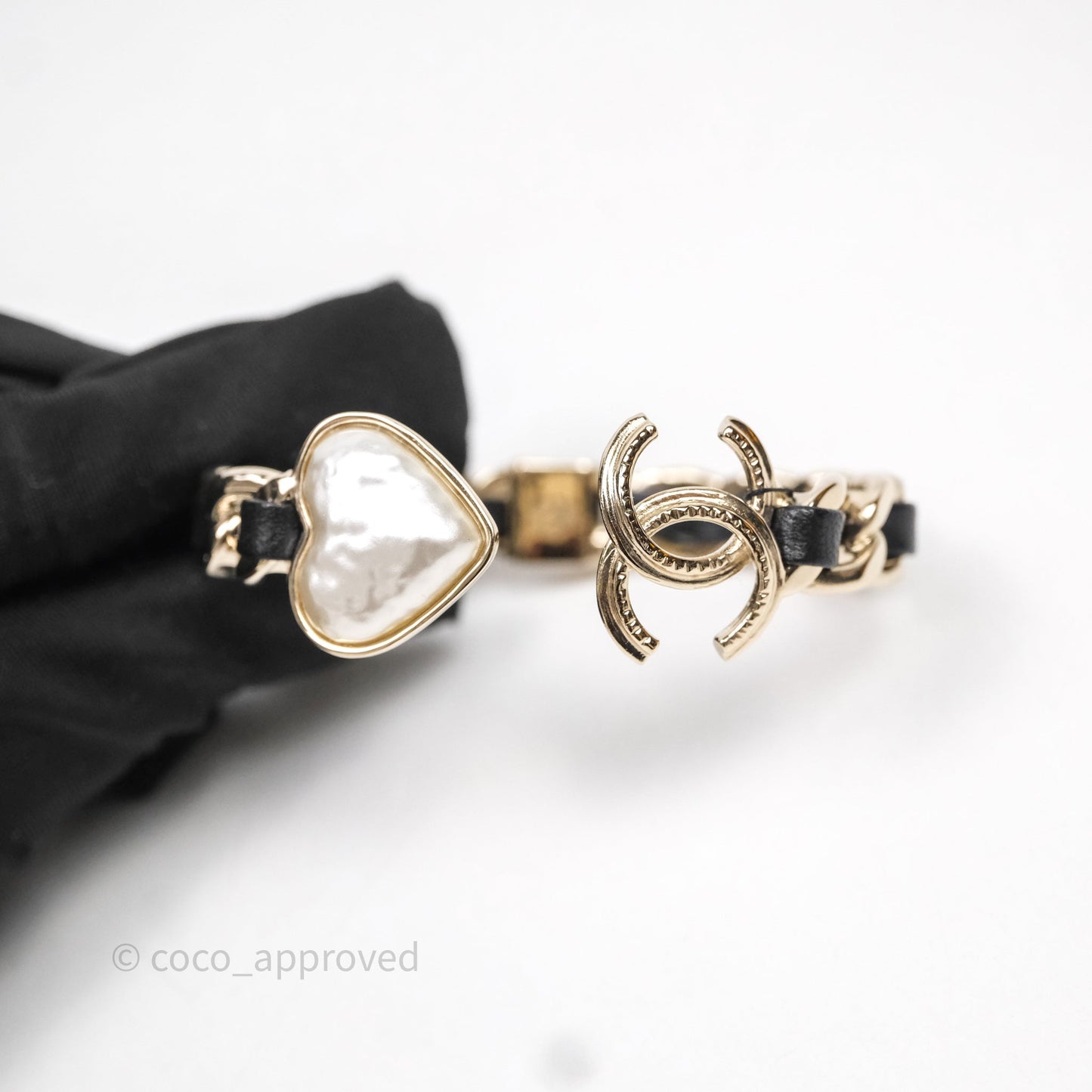 Chanel CC Black Leather Heart Bracelet Gold Tone 22C