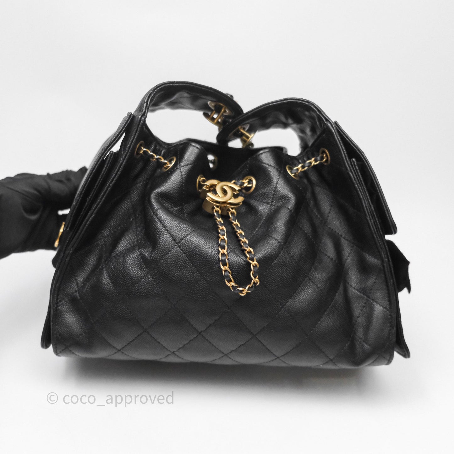 Chanel 25 Small Bag Black Caviar Aged Gold Hardware