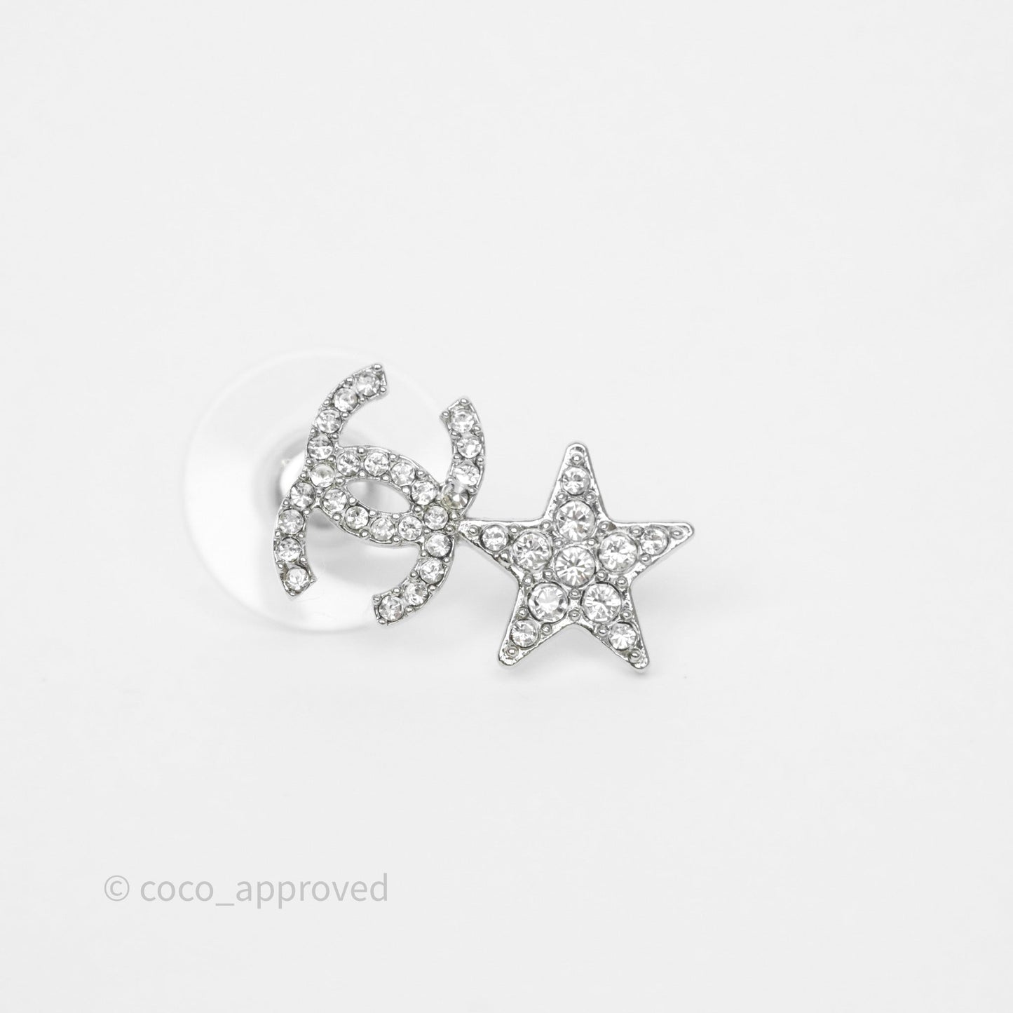 Chanel Crystal CC Star Earrings Silver Tone 20P