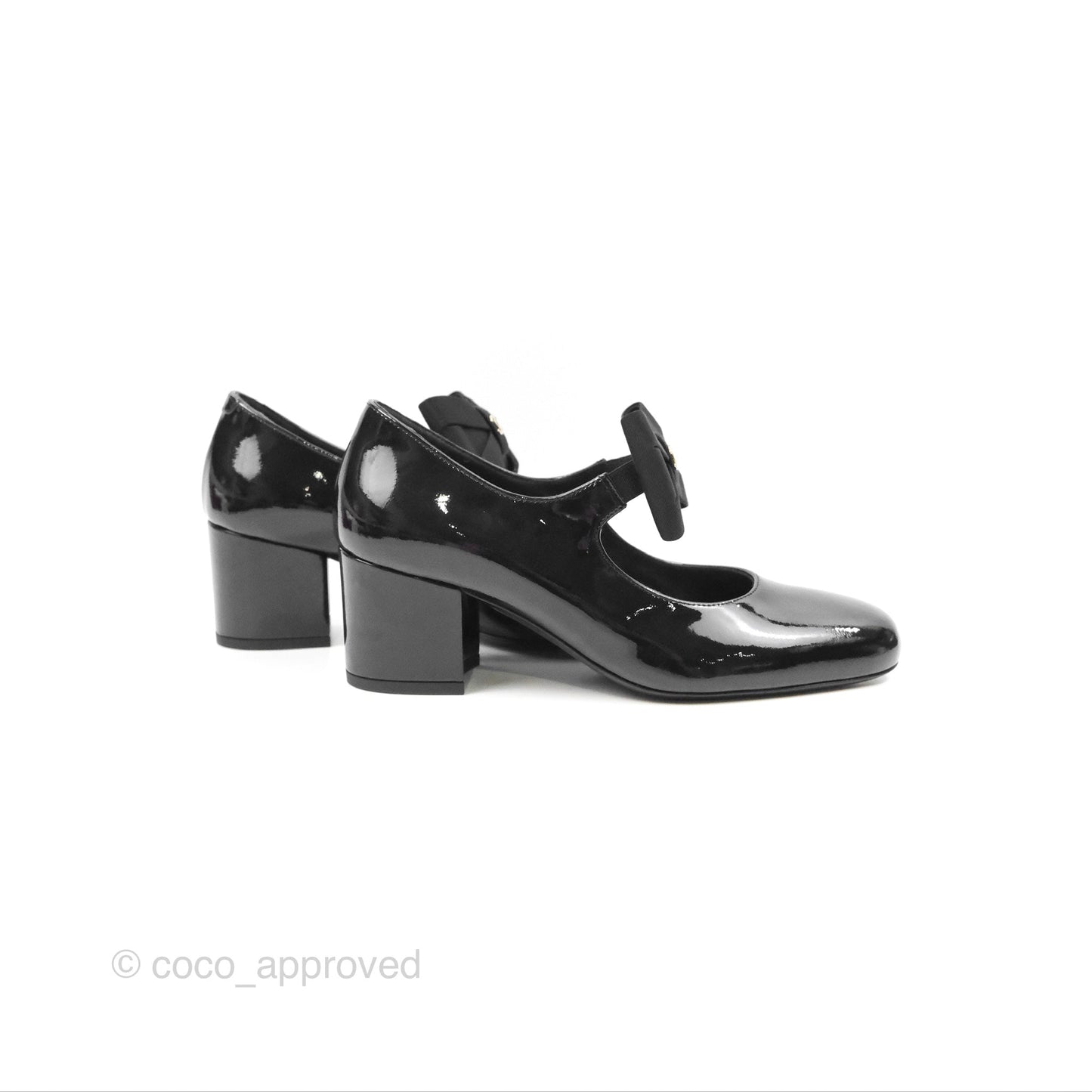 Chanel CC Ribbon Mary Jane Block Heels Black Patent 24C