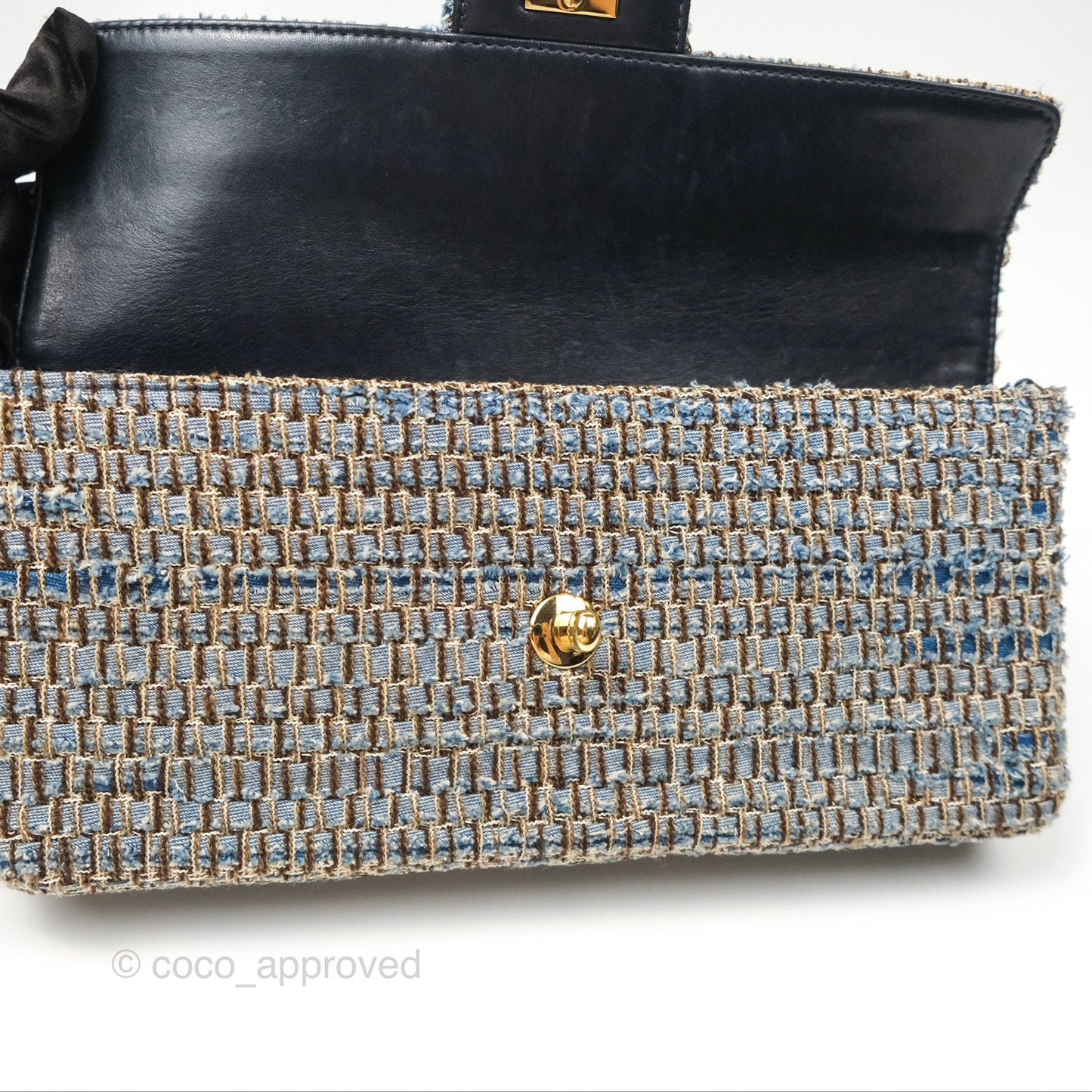 Chanel East West Chocolate Bar Flap Bag Grey Blue Tweed 24K Gold Hardware