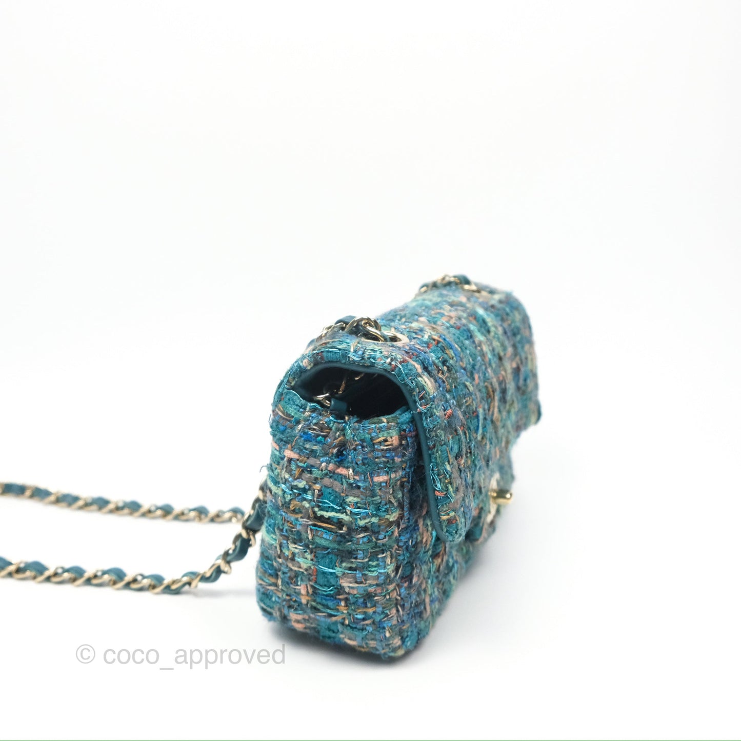 Chanel Mini Rectangular Flap Teal Tweed Gold Hardware