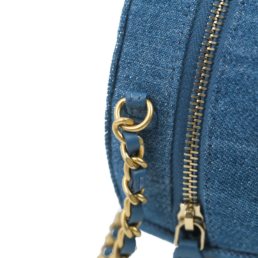 Chanel Quilted Pearl Crush Round Clutch With Chain Denim Aged Gold Hardware