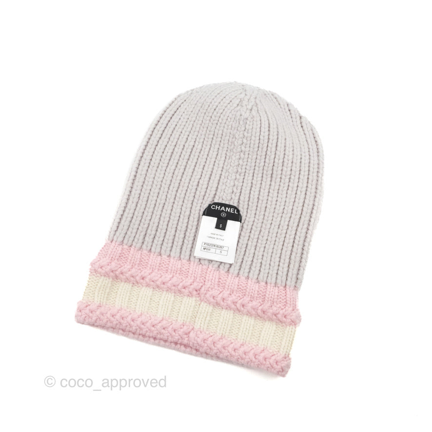 Chanel Cashmere CC Beanie Hat Light Grey / Light Pink / White