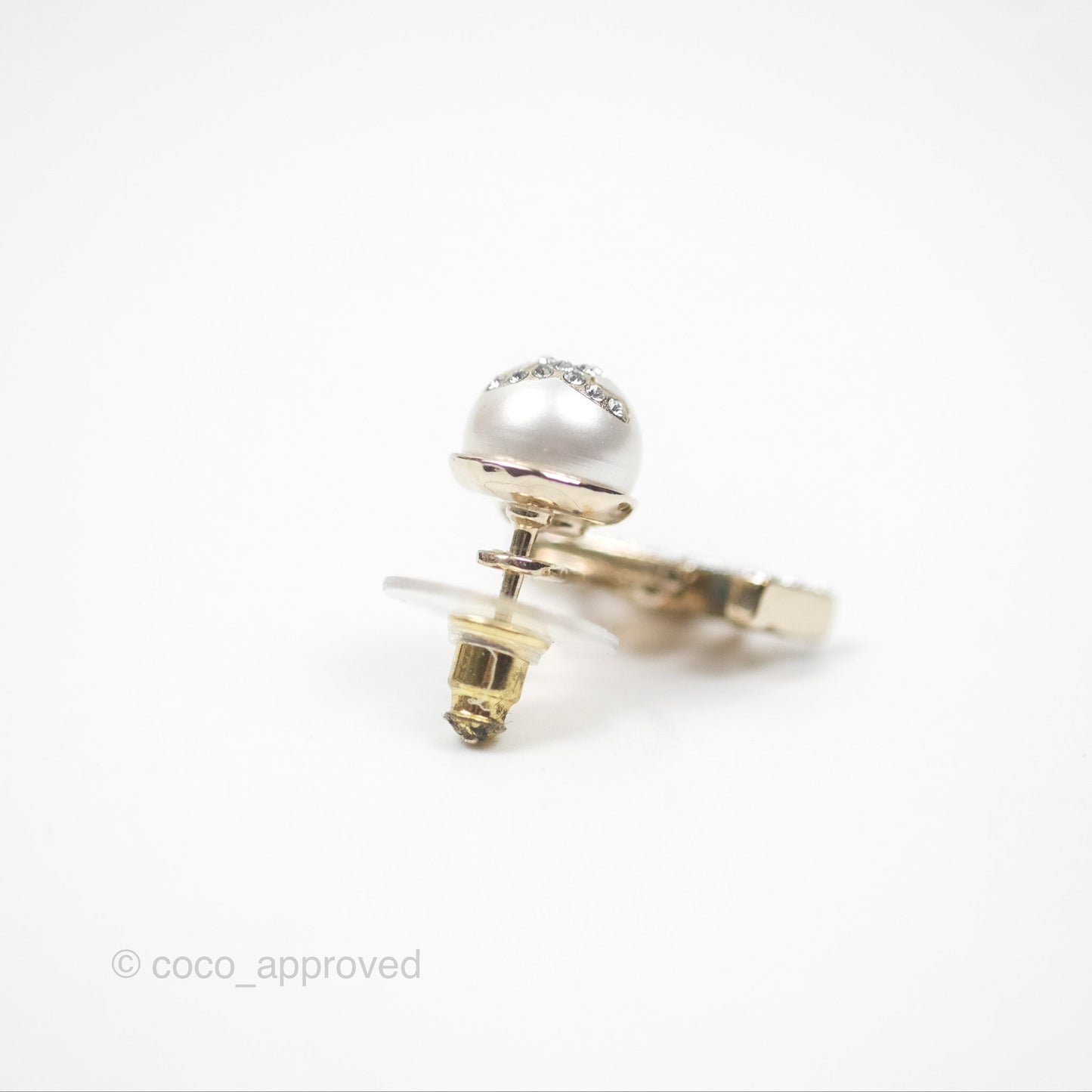 Chanel CC Pearl Rhinestone Earrings Gold Tone 21A
