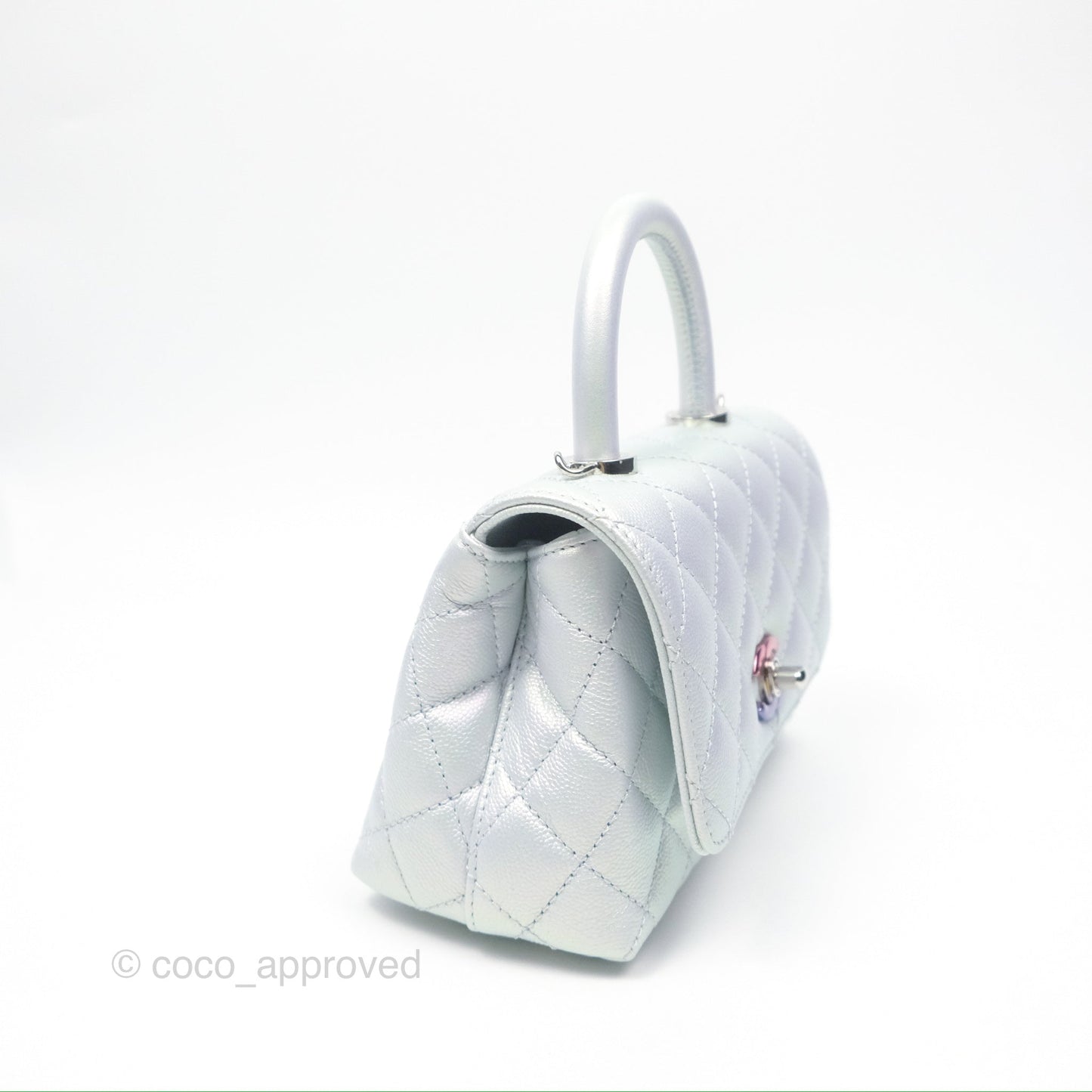 Chanel Mini Coco Handle Quilted Iridescent Light Blue Caviar Rainbow Hardware 21K