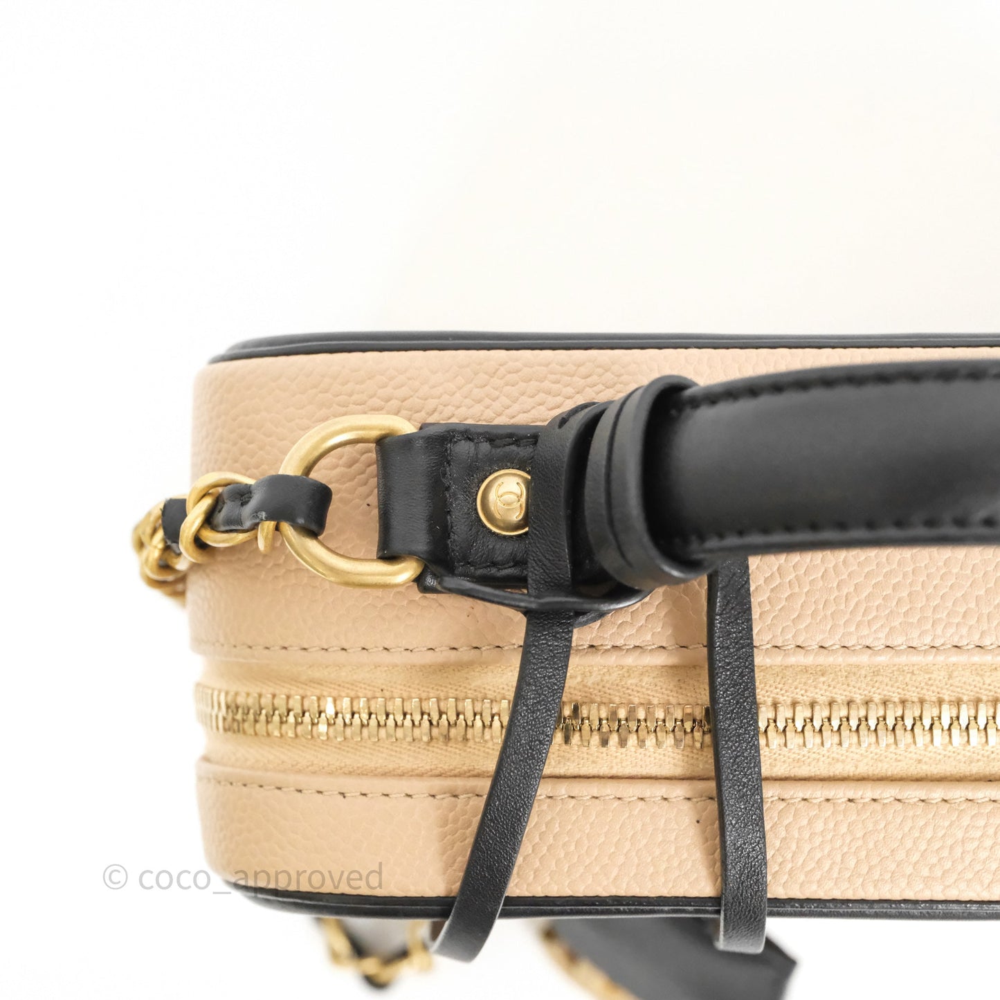 Chanel Quilted Medium CC Filigree Vanity Case Beige Black Caviar Aged Gold Hardware