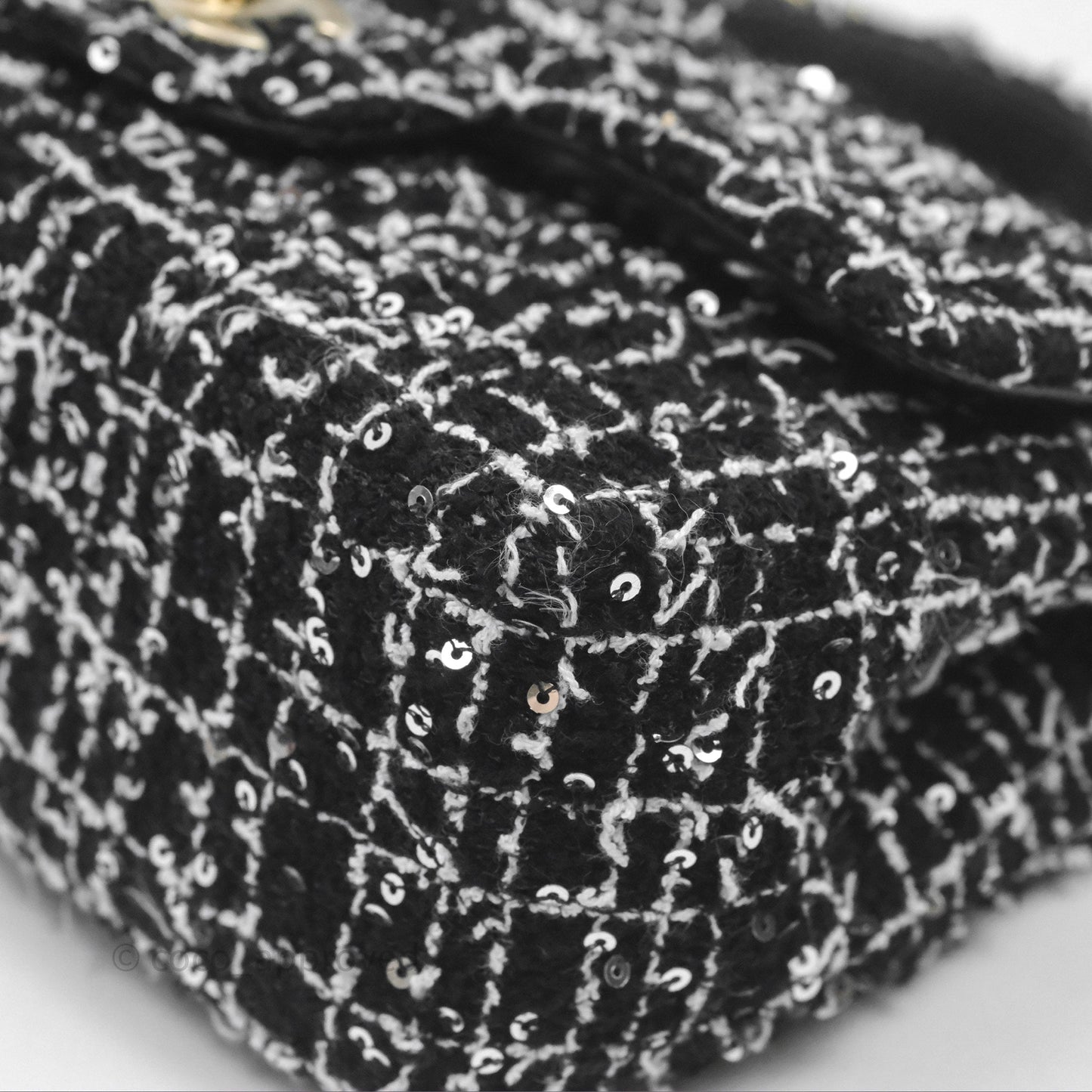 Chanel Top Handle Mini Rectangular Flap Black/ White Sequin Tweed Gold Hardware 24P