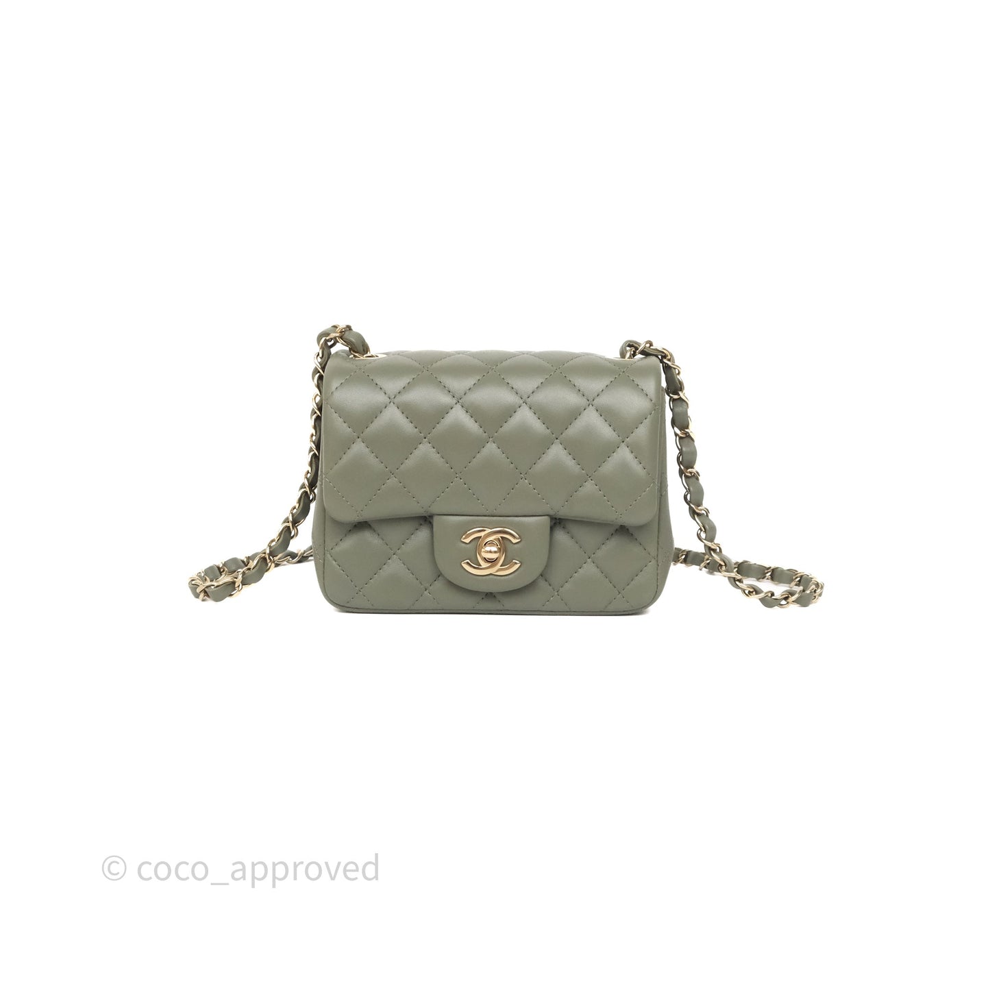 Chanel Quilted Mini Square Olive Green Lambskin Gold Hardware