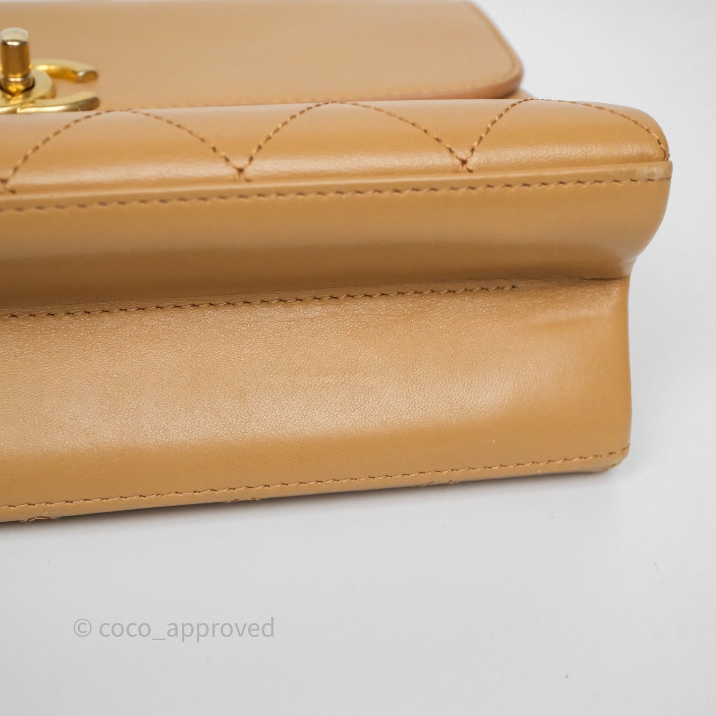 Chanel Small Coco Luxe Flap Bag Caramel Beige Calfskin Aged Gold Hardware