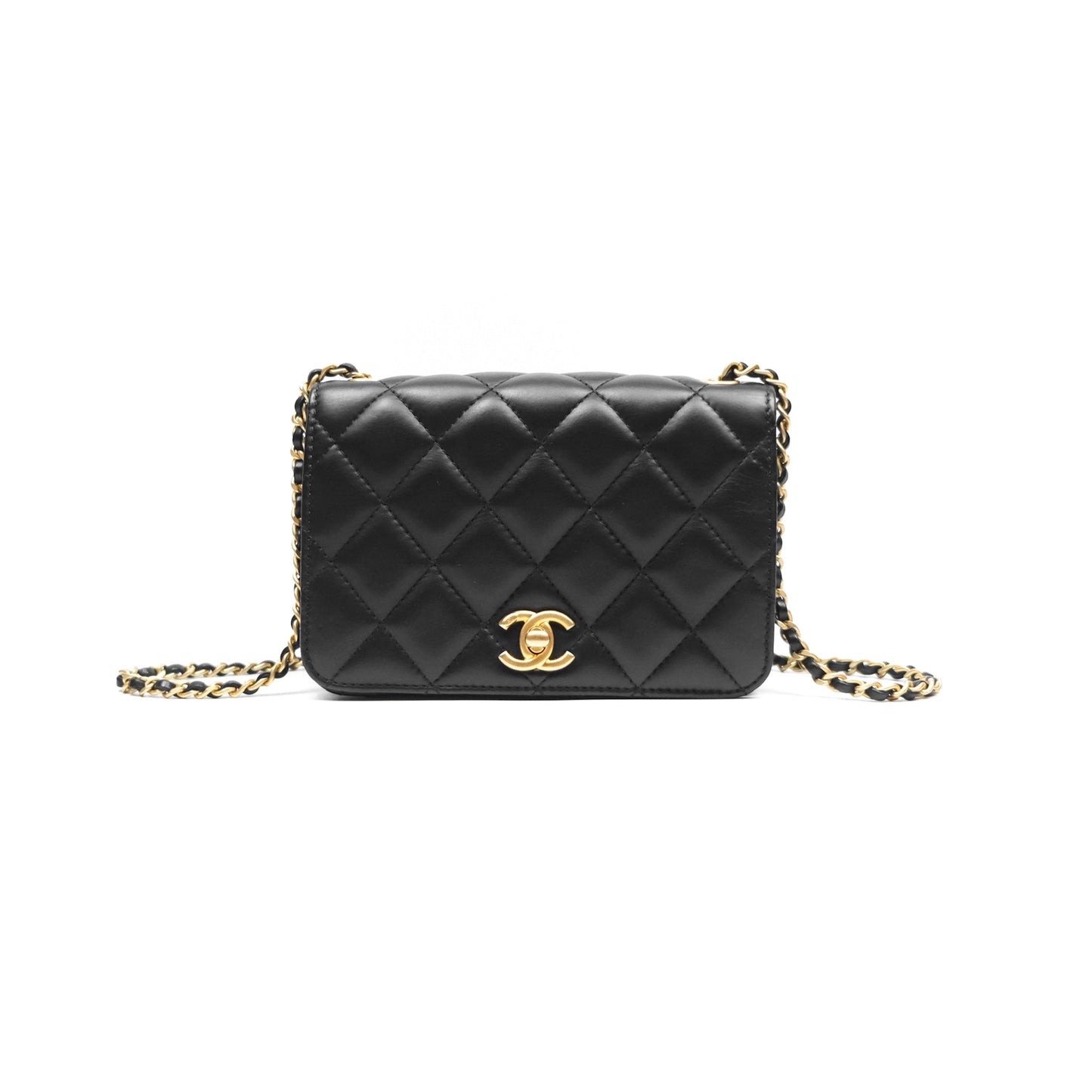 Chanel Quilted Side Chain Flap Bag Black Calfskin Aged Gold Hardware