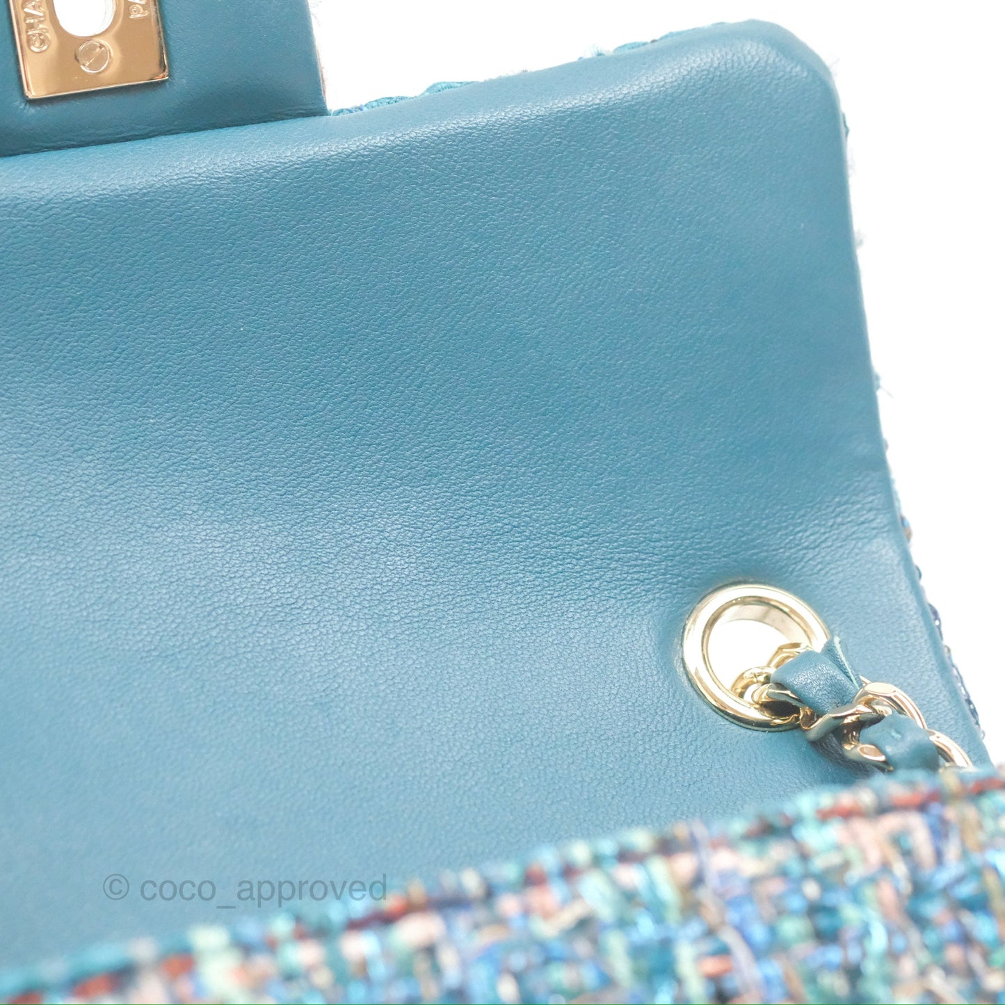 Chanel Mini Rectangular Flap Teal Tweed Gold Hardware