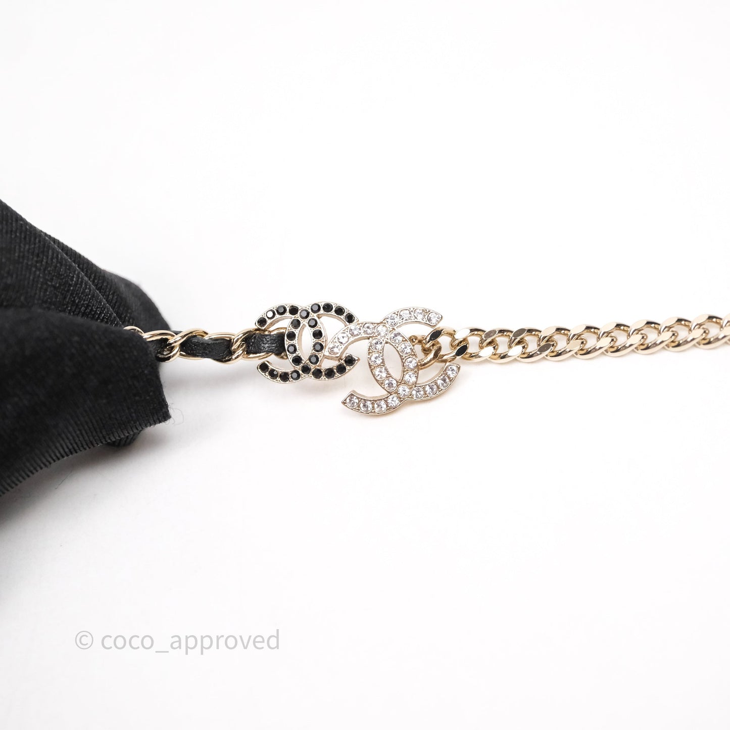 Chanel Double CC Crystals Black Leather Chain Choker Gold Tone 23V
