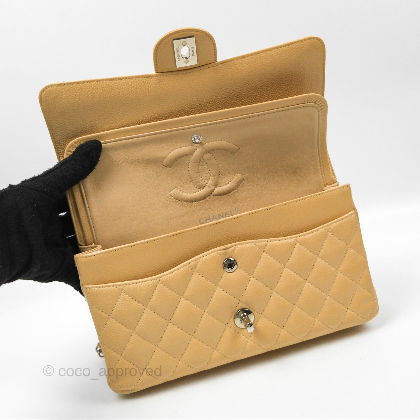 Chanel Classic M/L Medium Flap Quilted Beige Caviar Silver Hardware
