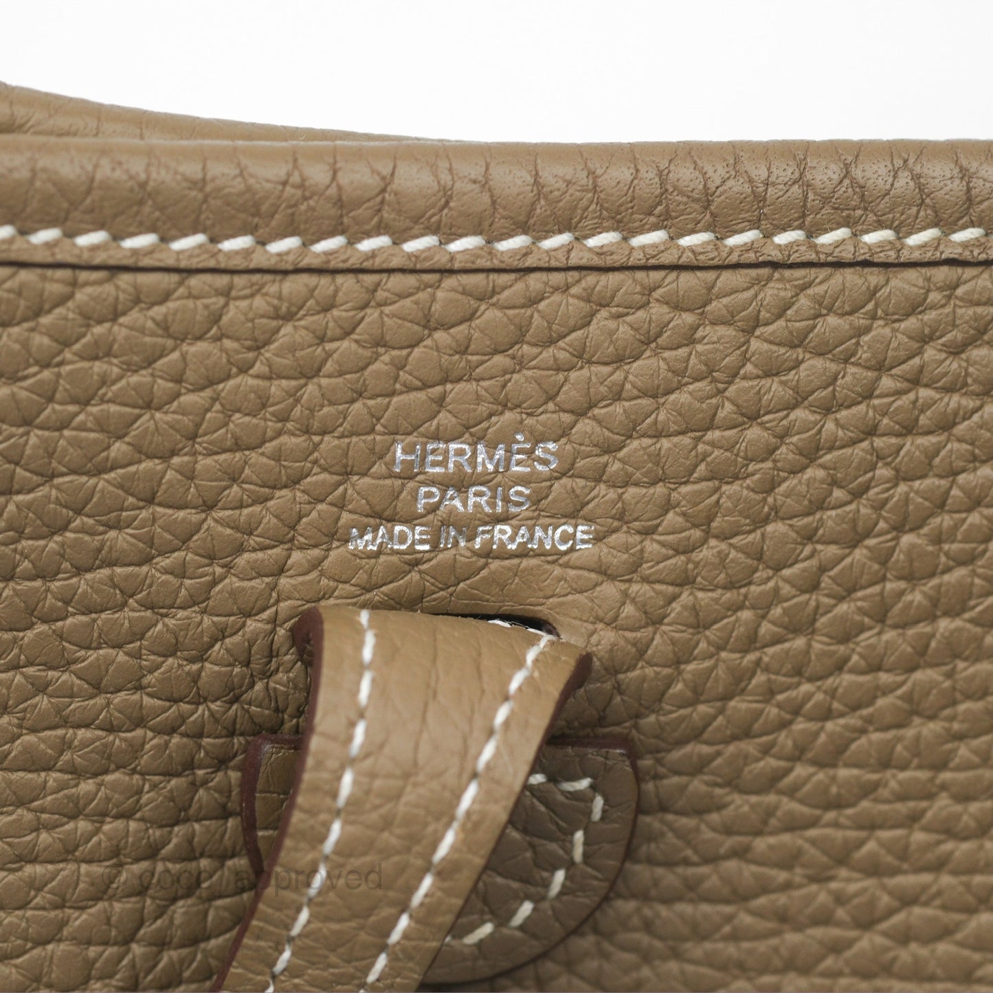 Hermès Mini Evelyne Etoupe Clemence Palladium Hardware with Bleu Indigo Strap