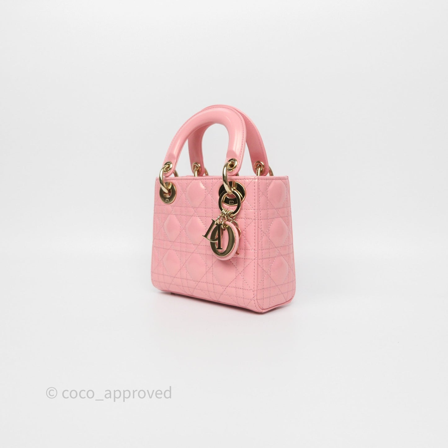 Dior Mini Lady Dior Pink Pearlescent Patent Cannage Gold Hardware