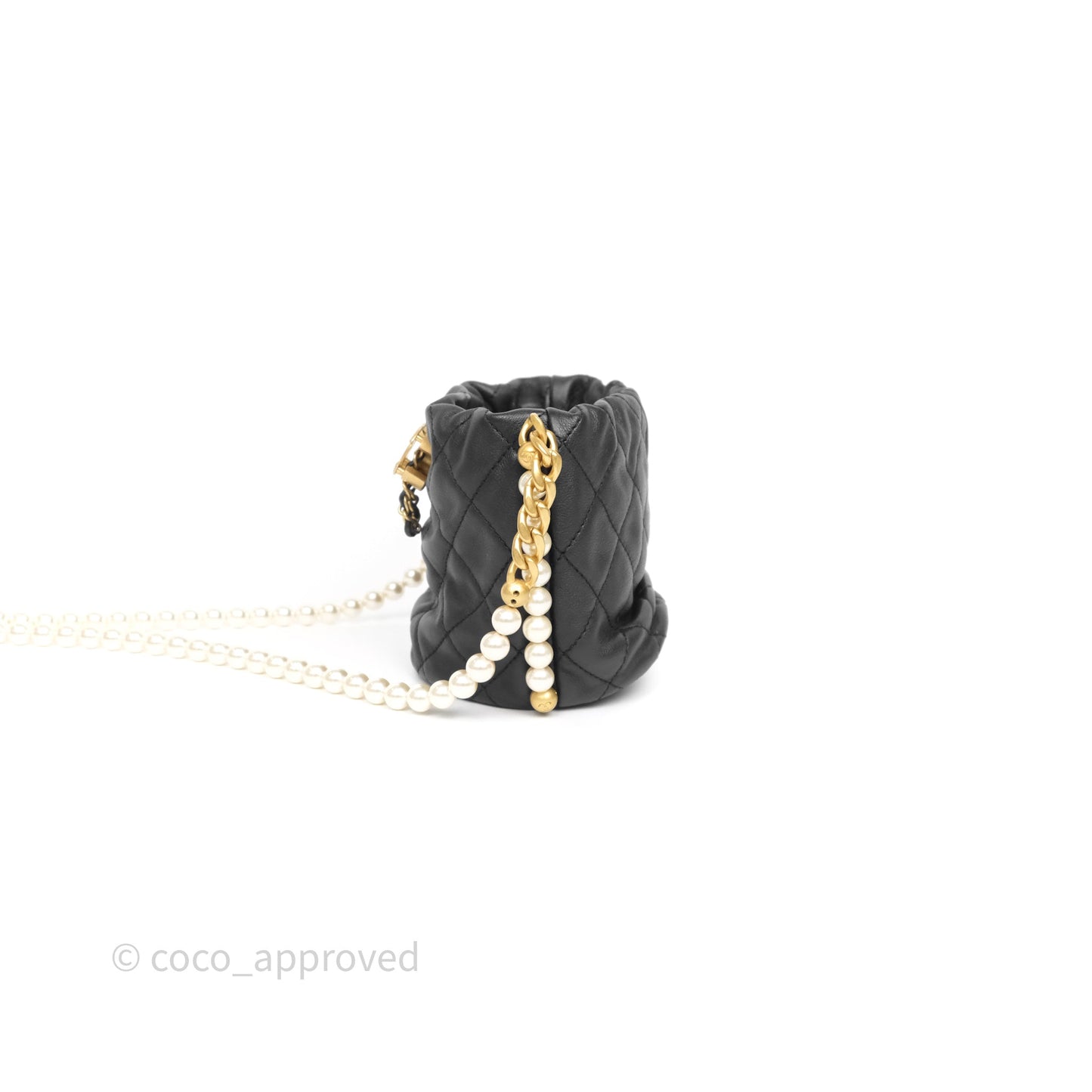 Chanel Quilted Pearl Mini About Pearls Drawstring Bucket Bag Black Calfskin