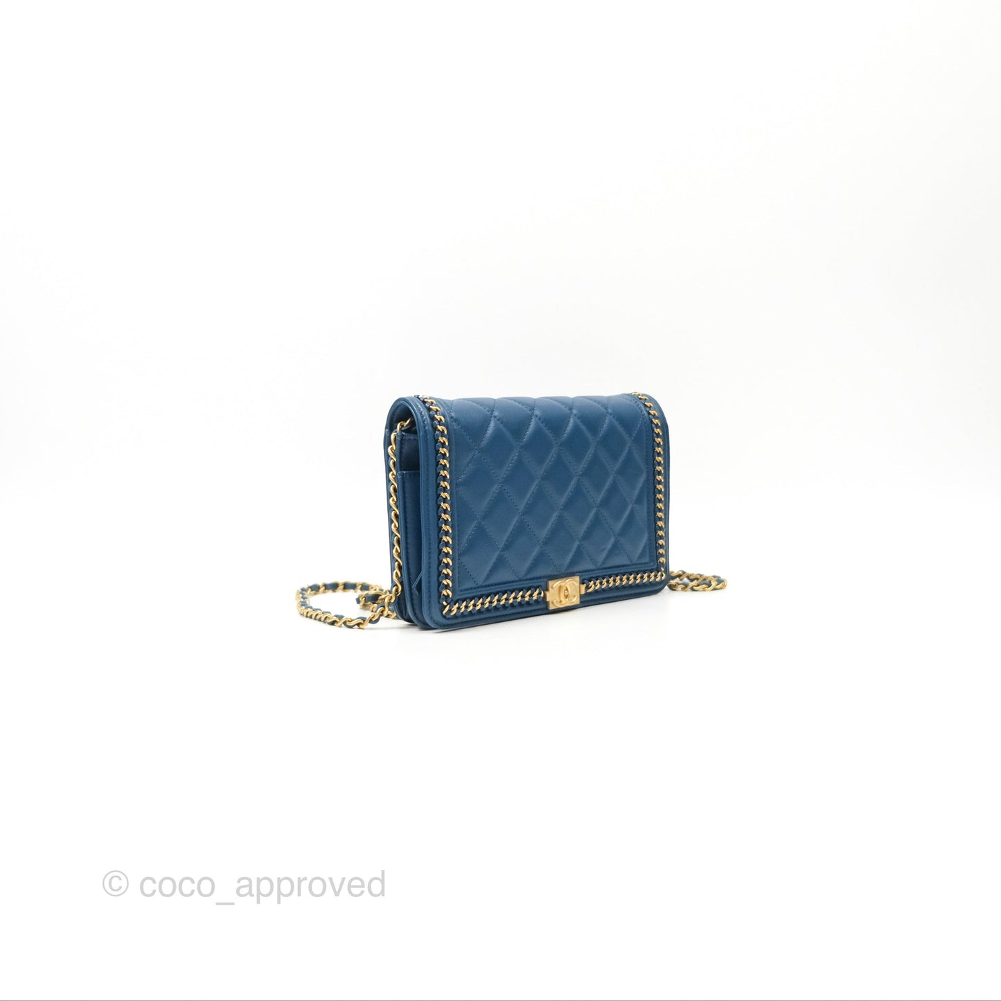 Chanel Quilted Boy Wallet on Chain WOC Blue Calfskin Aged Gold Hardware