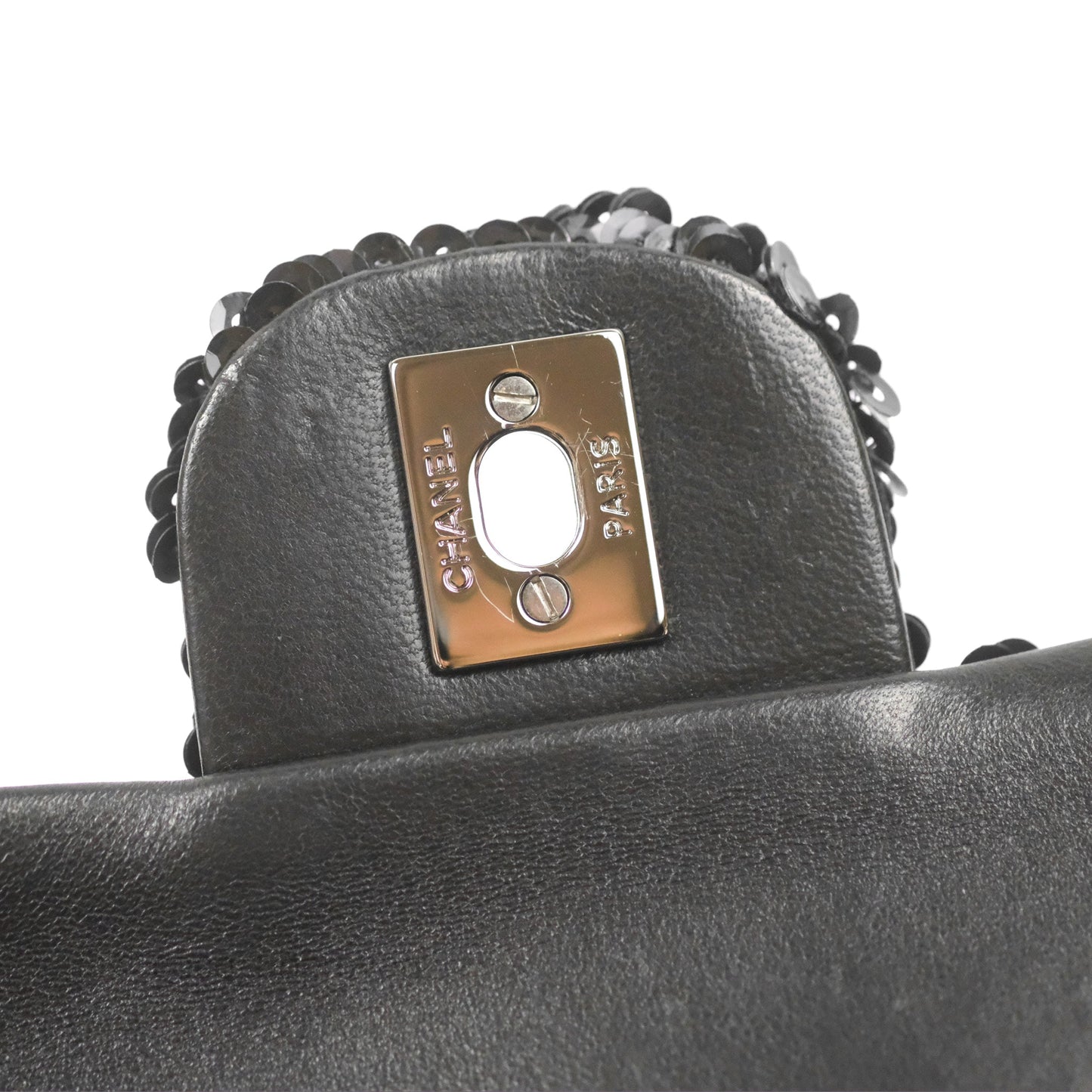 Chanel East West Flap Bag Black Sequin Dark Silver Hardware