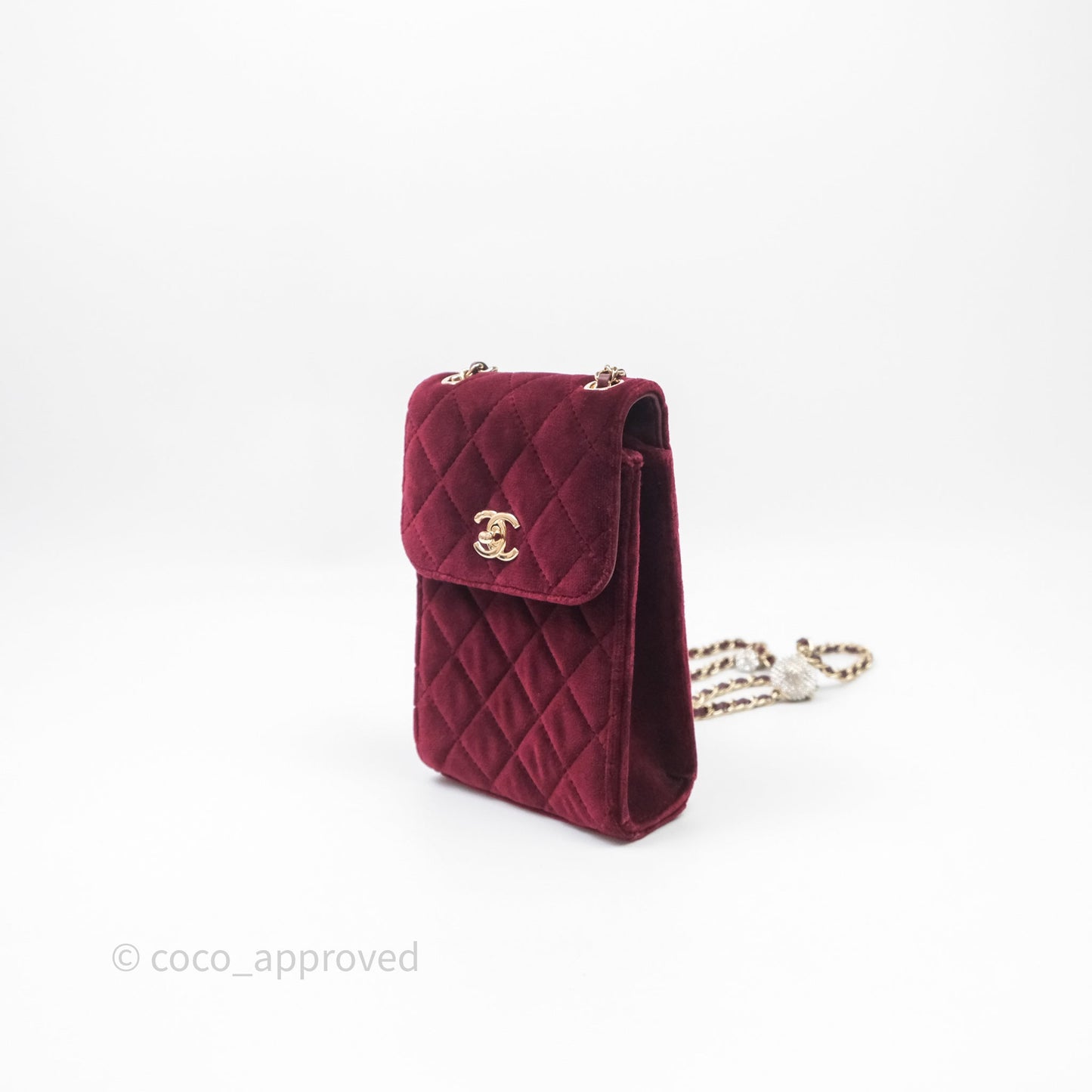 Chanel Quilted Phone Holder Crystals Pearl Crush Red Velvet Gold Hardware