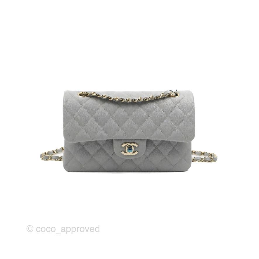 Chanel Classic Small S/M Quilted Flap Grey Caviar Gold Hardware 21A