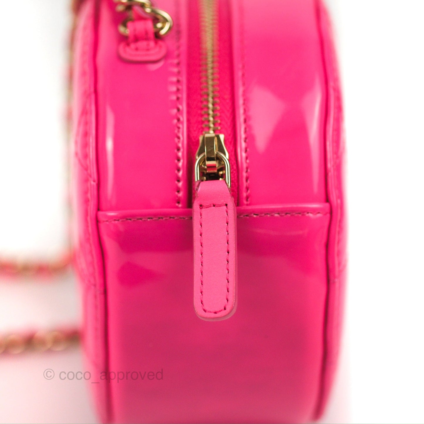 Chanel Classic Quilted Round Clutch Neon Pink Patent Gold Hardware
