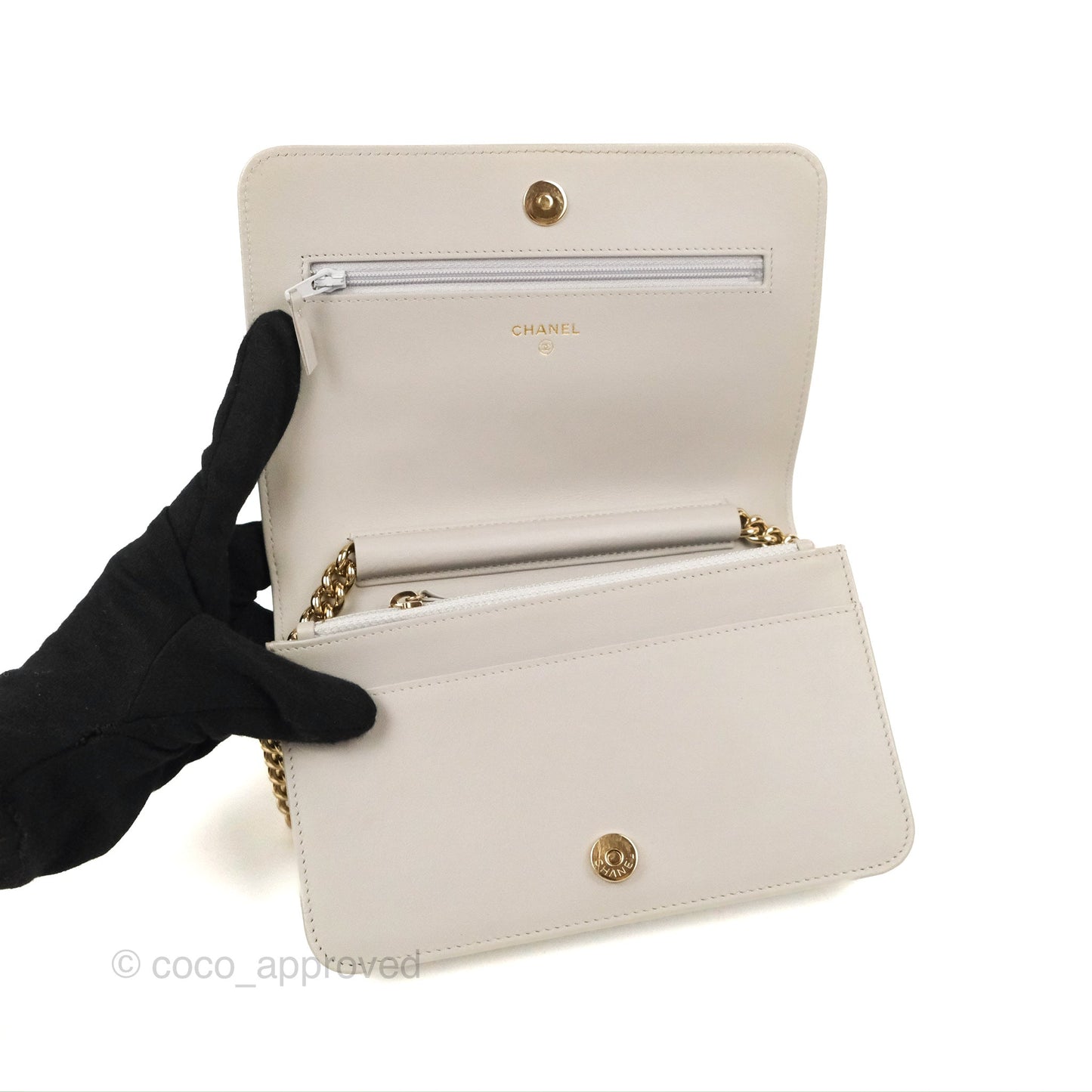 Chanel Quilted Boy Wallet on Chain WOC Light Grey Caviar Gold Hardware