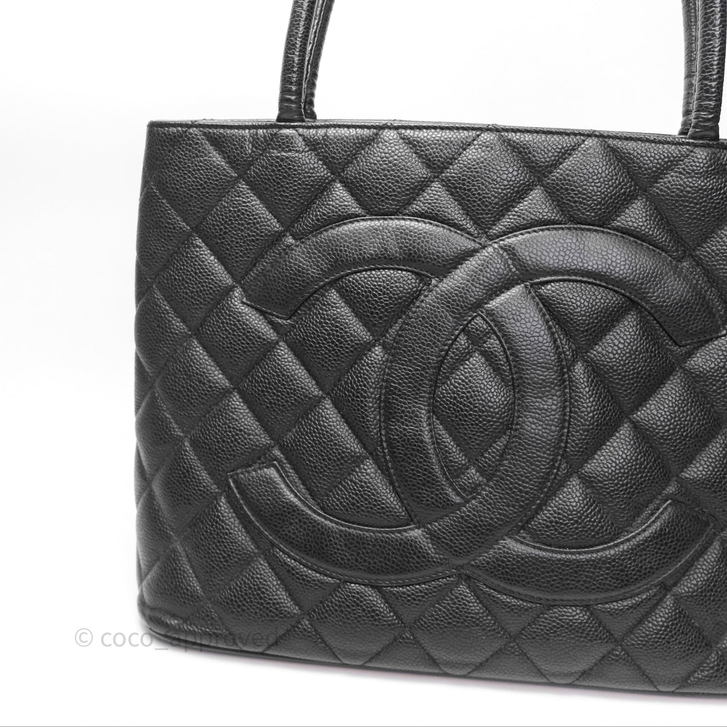 Chanel Vintage Medallion CC Black Caviar Tote Bag Gold Hardware