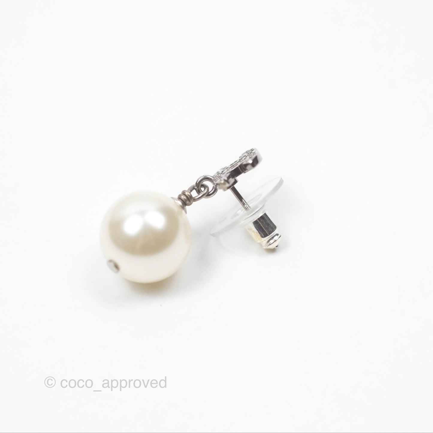 Chanel CC Crystal Pearl Drop Earrings Silver Tone 23V