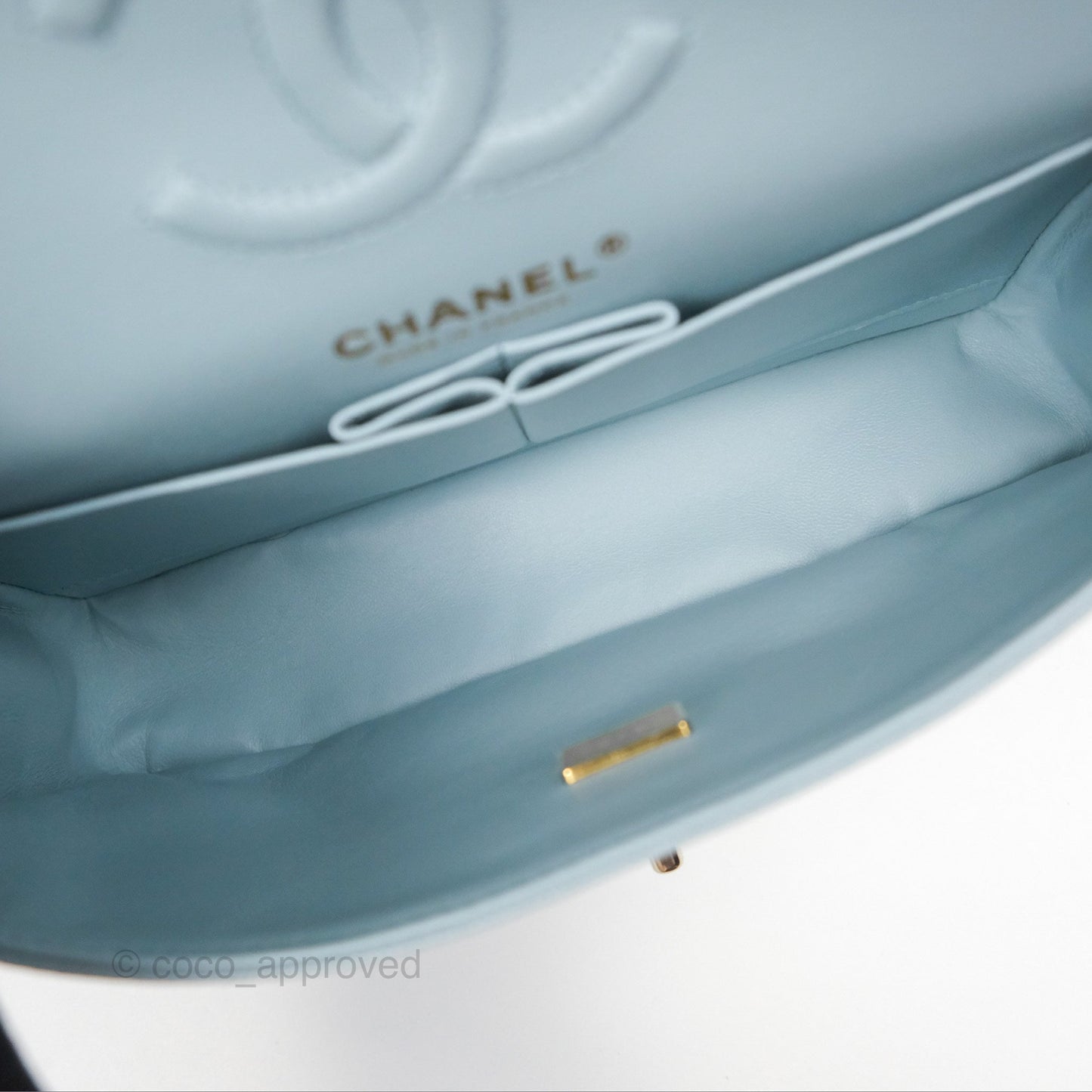 Chanel Small Classic Quilted Flap Light Blue Caviar Gold Hardware