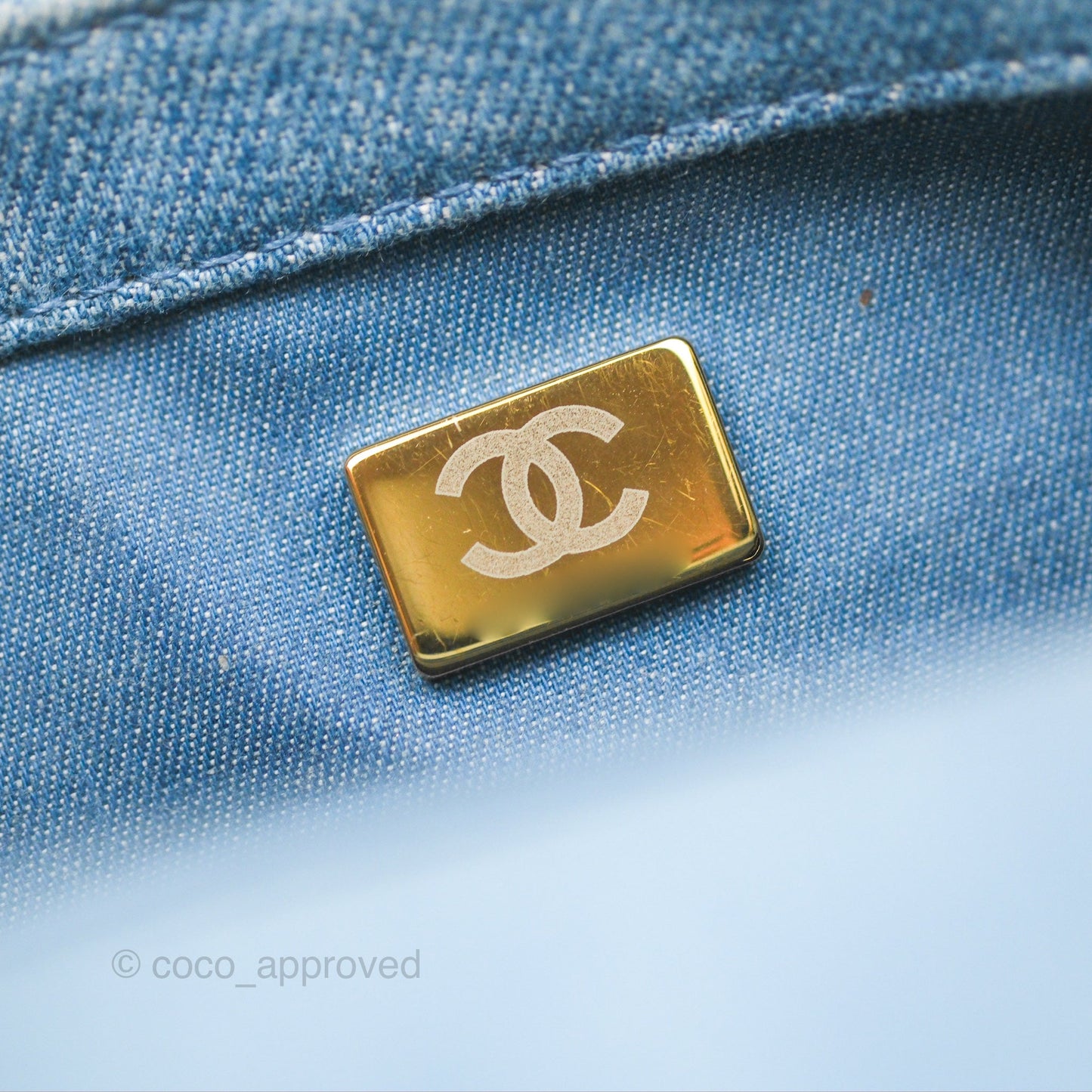 Chanel Mini Square Pearl Crush Quilted Denim Aged Gold Hardware
