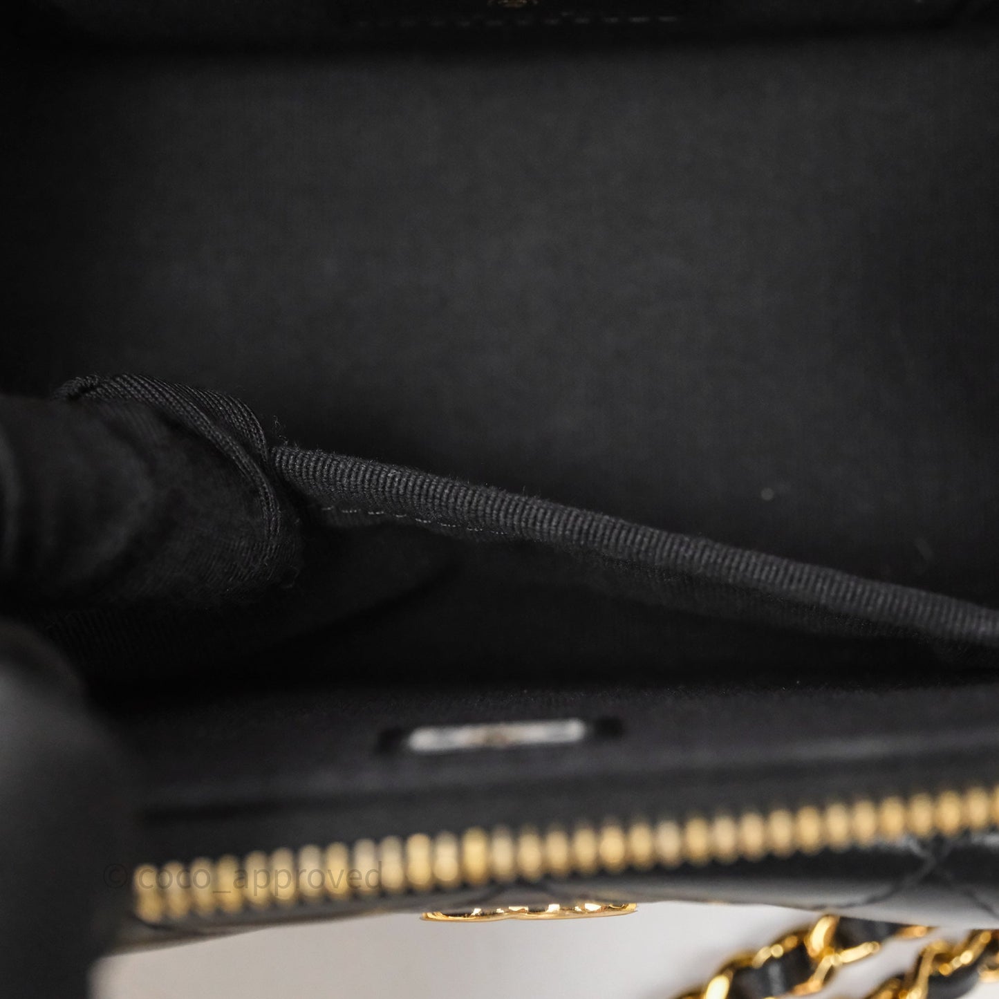 Chanel Quilted Top Handle Pocket Vanity Case Black Shiny Lambskin Bag Gold Hardware