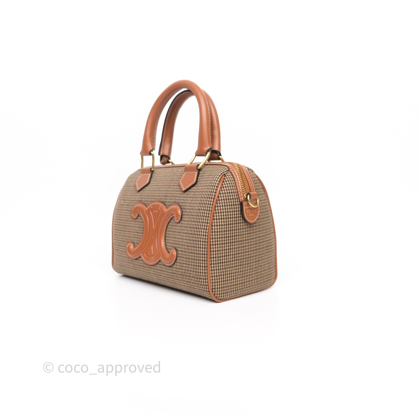 Celine Small Brown Houndstooth Boston Cuir Triomphe Tan Smooth Calfskin Bag
