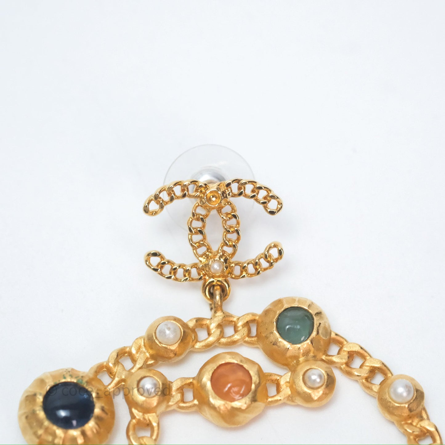Chanel CC Pearl Stone Circle No.5 Earrings Aged Gold Tone 18K