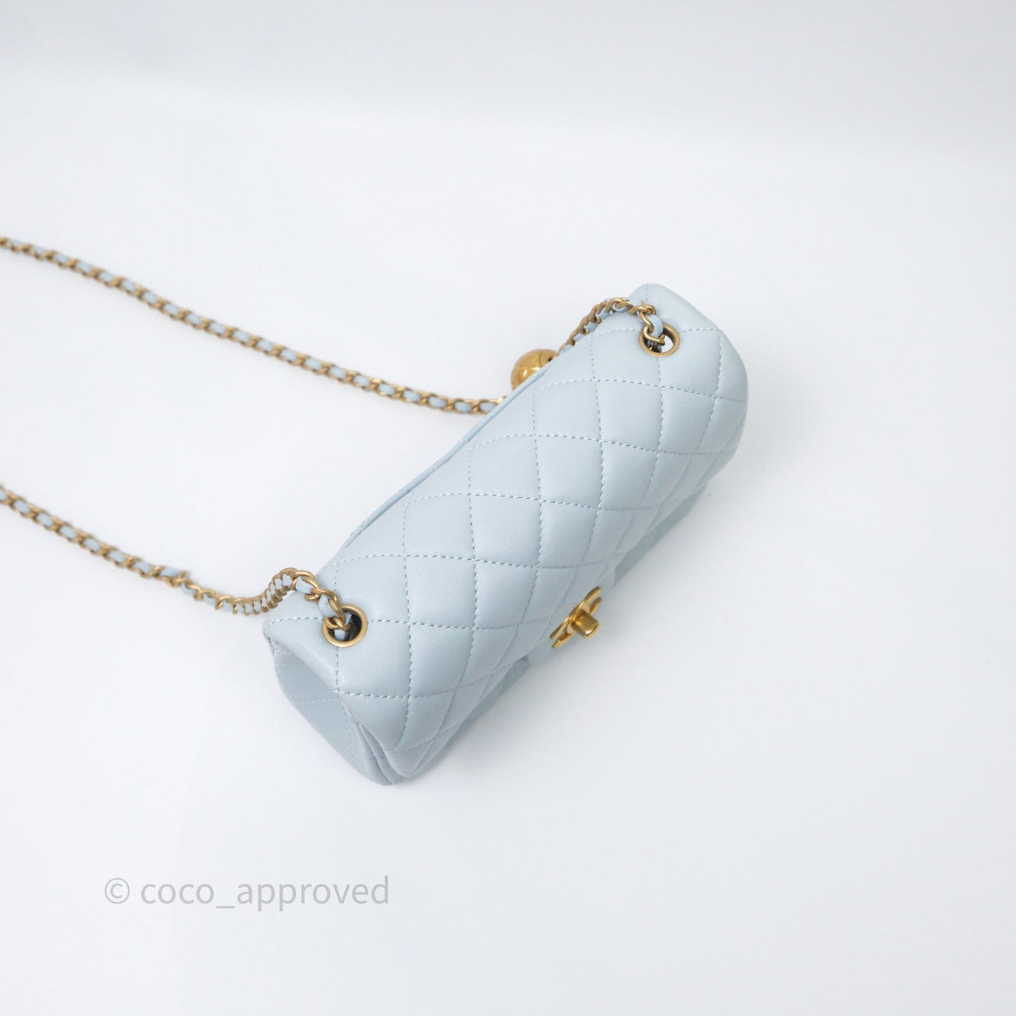 Chanel Pearl Crush Mini Rectangular Light Blue Lambskin Aged Gold Hardware