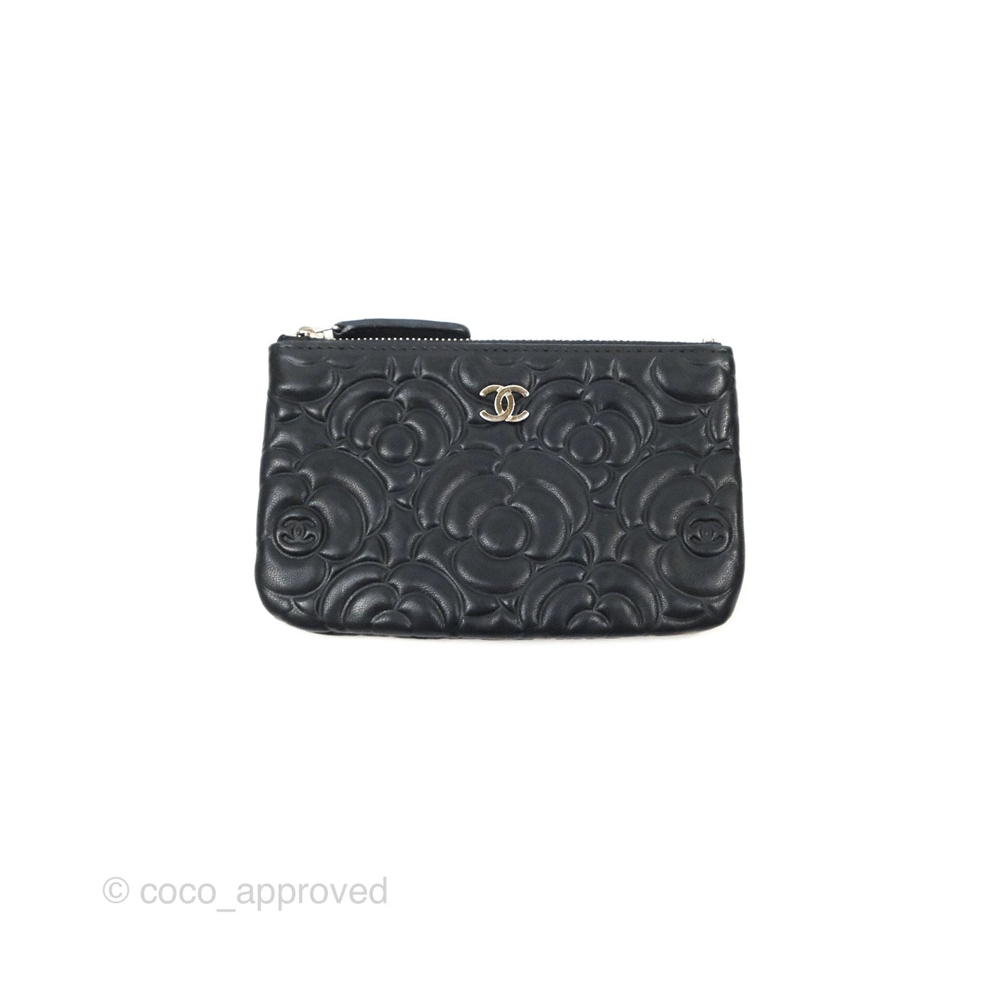 Chanel Quilted Mini O Case Camellia Black Lambskin Silver Hardware