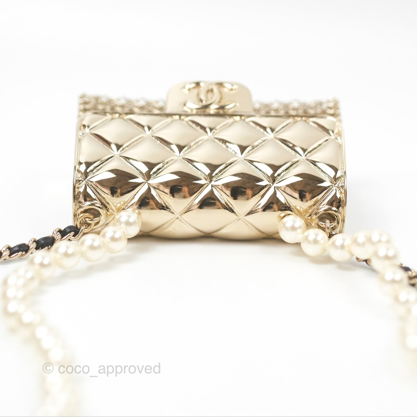 Chanel Flap Bag Charm Pearl Chain Black Leather Long Necklace Gold Tone 21S