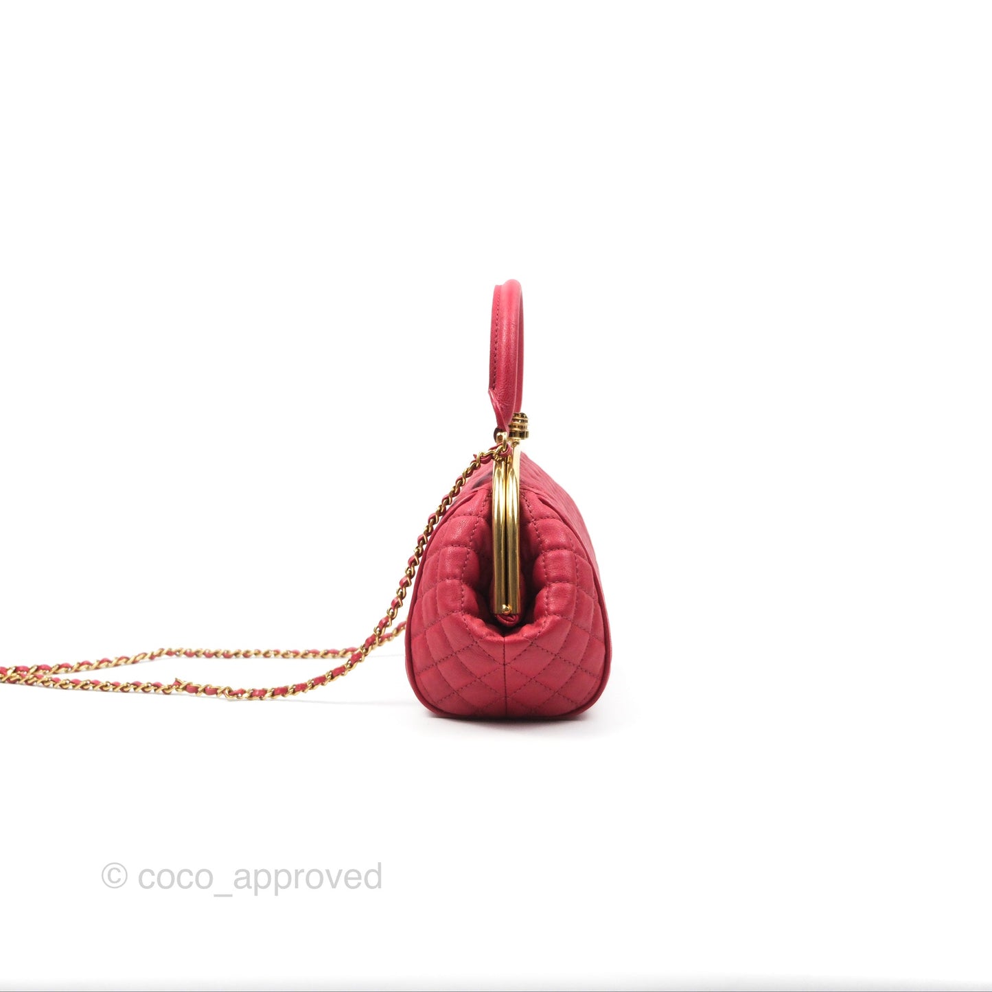 Chanel Quilted Kisslock Handbag With Chain Red Calfskin Gold Hardware