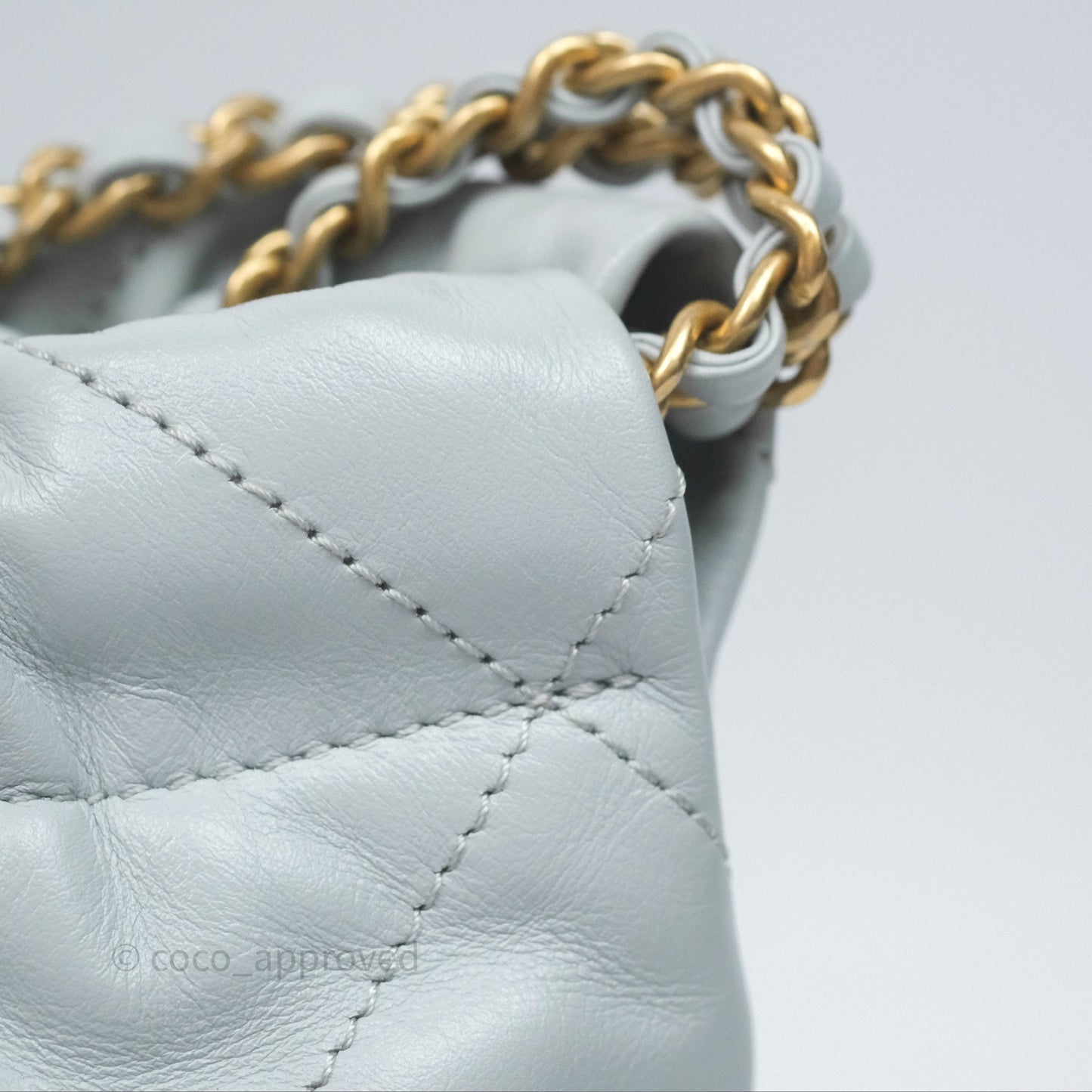 Chanel 22 Mini Bag Blue Grey Shiny Crumpled Calfskin Aged Gold Hardware