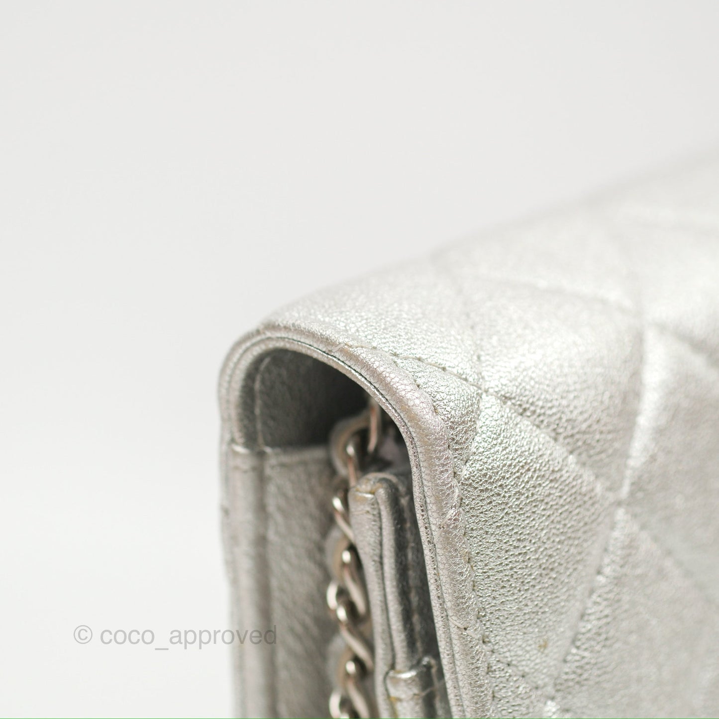 Chanel Quilted Wallet on Chain WOC Iridescent Silver Grained Lambskin Silver Hardware