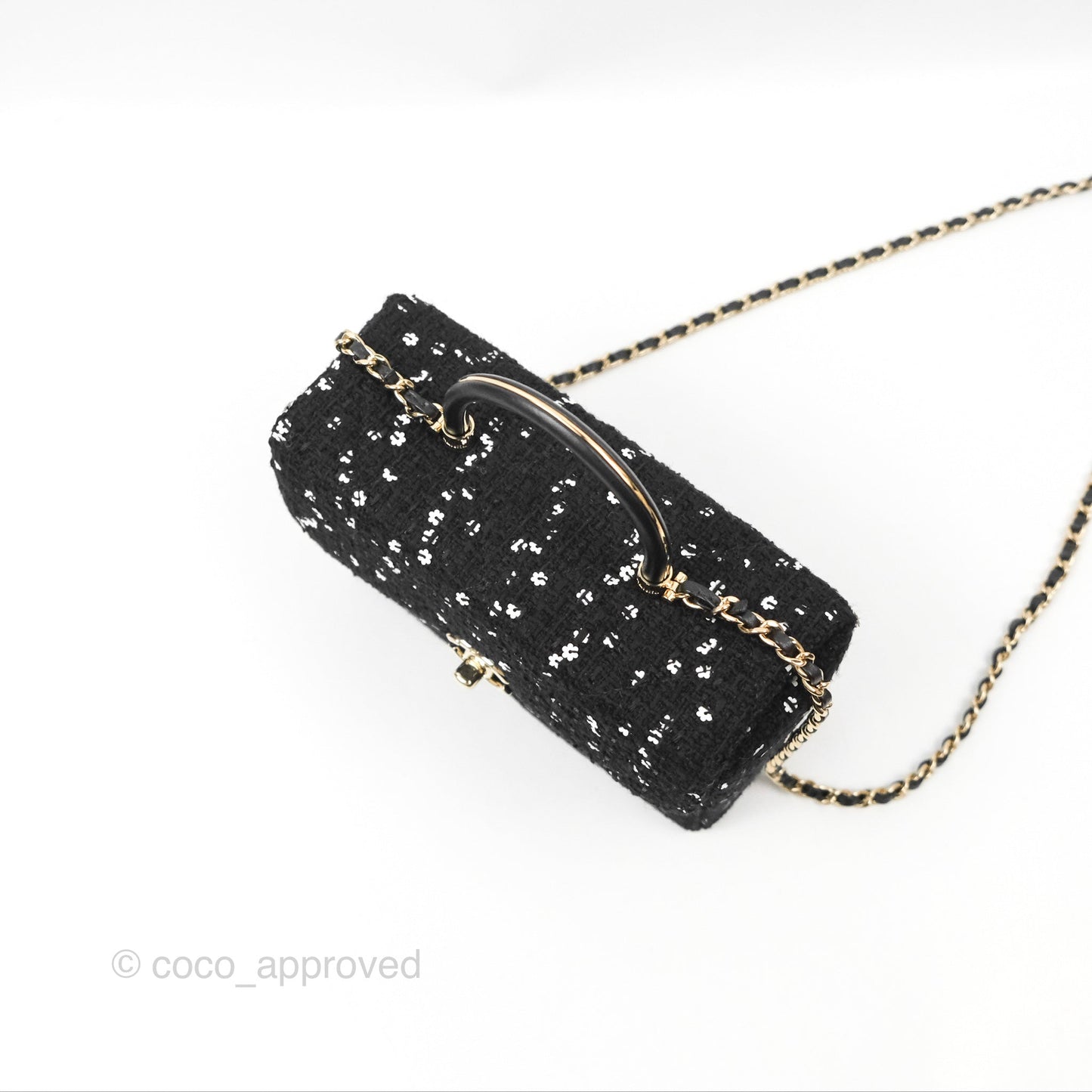 Chanel Small Top Handle Box Bag Black Tweed Sequins Gold Hardware 23K