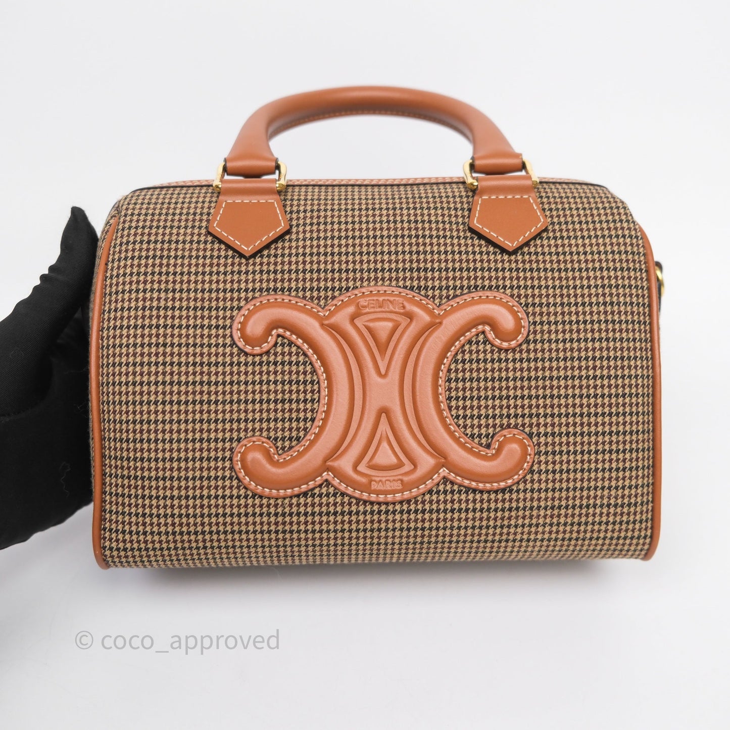 Celine Small Brown Houndstooth Boston Cuir Triomphe Tan Smooth Calfskin Bag