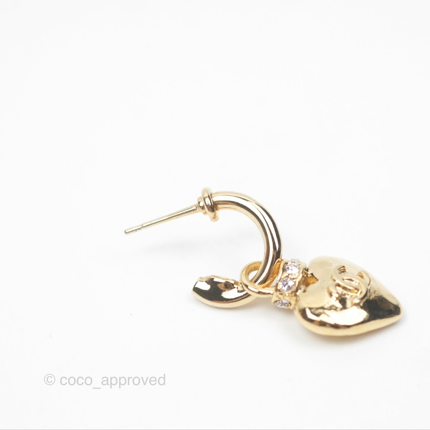 Chanel Heart CC Crystal Drop Hoop Earrings Gold Tone 24P