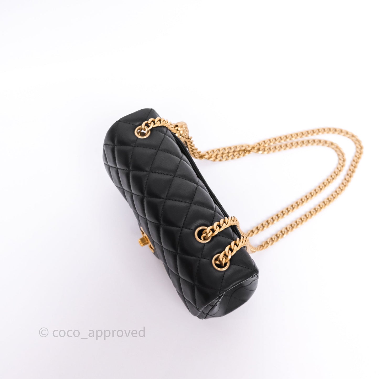 Chanel Mini Rectangular Flap with Camellia Adjustable Chain Black Lambskin Aged Gold Hardware