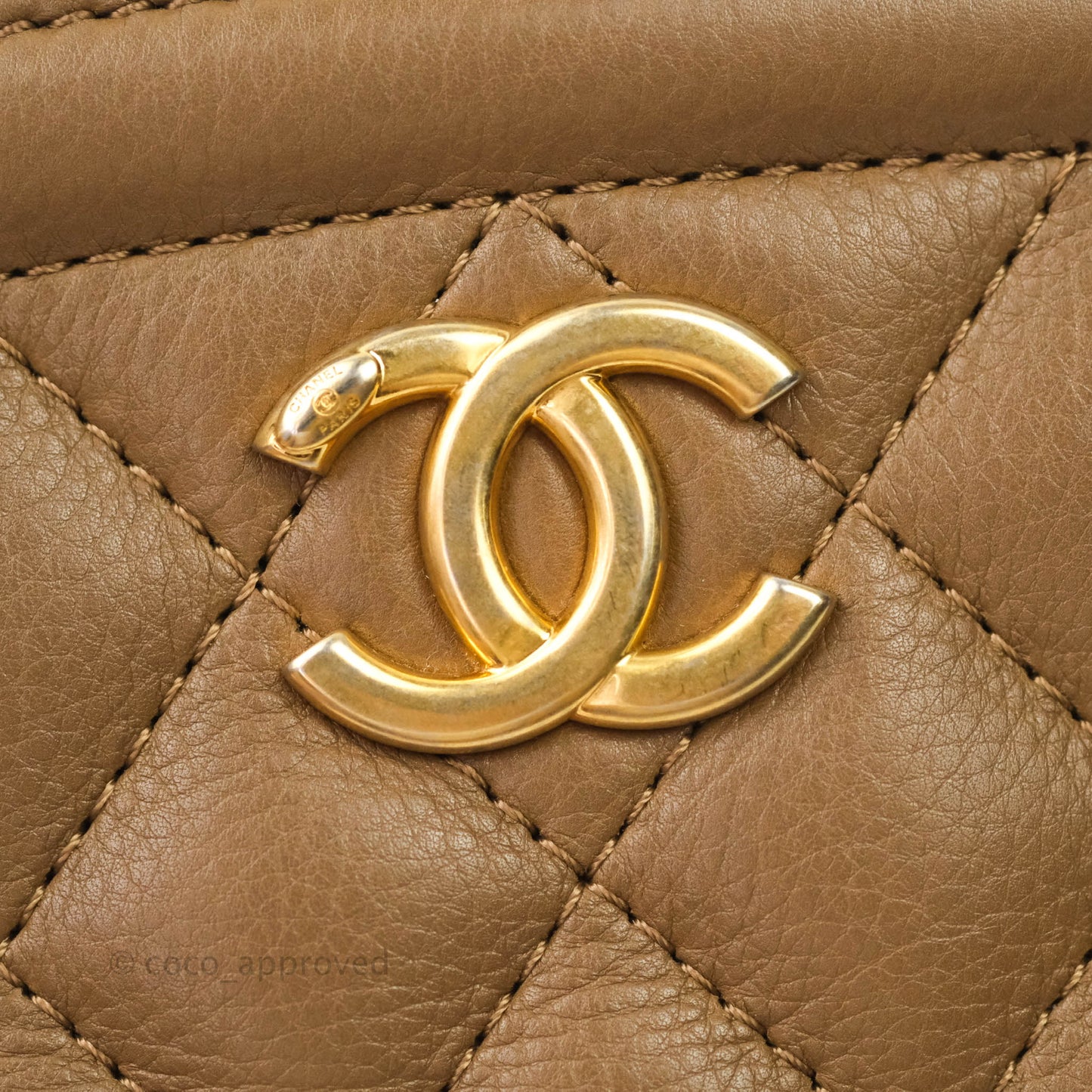 Chanel Small CC Quilted Vanity Case Brown Beige Calfskin Aged Gold Hardware