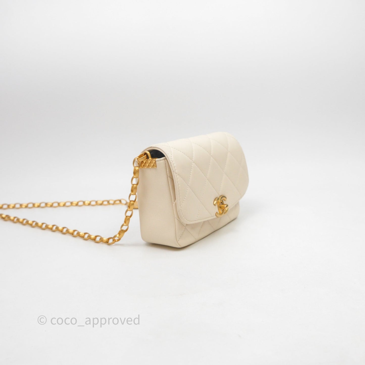 Chanel Flap with Coin Charm Ivory White Lambskin Aged Gold Hardware