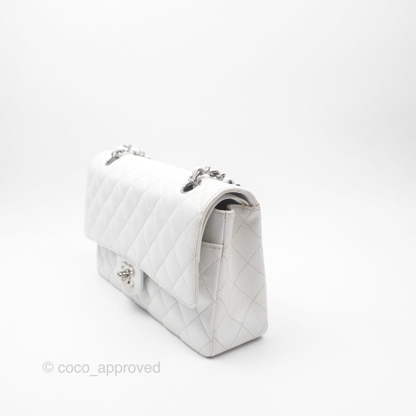 Chanel Classic M/L Medium Double Flap White Caviar Silver Hardware