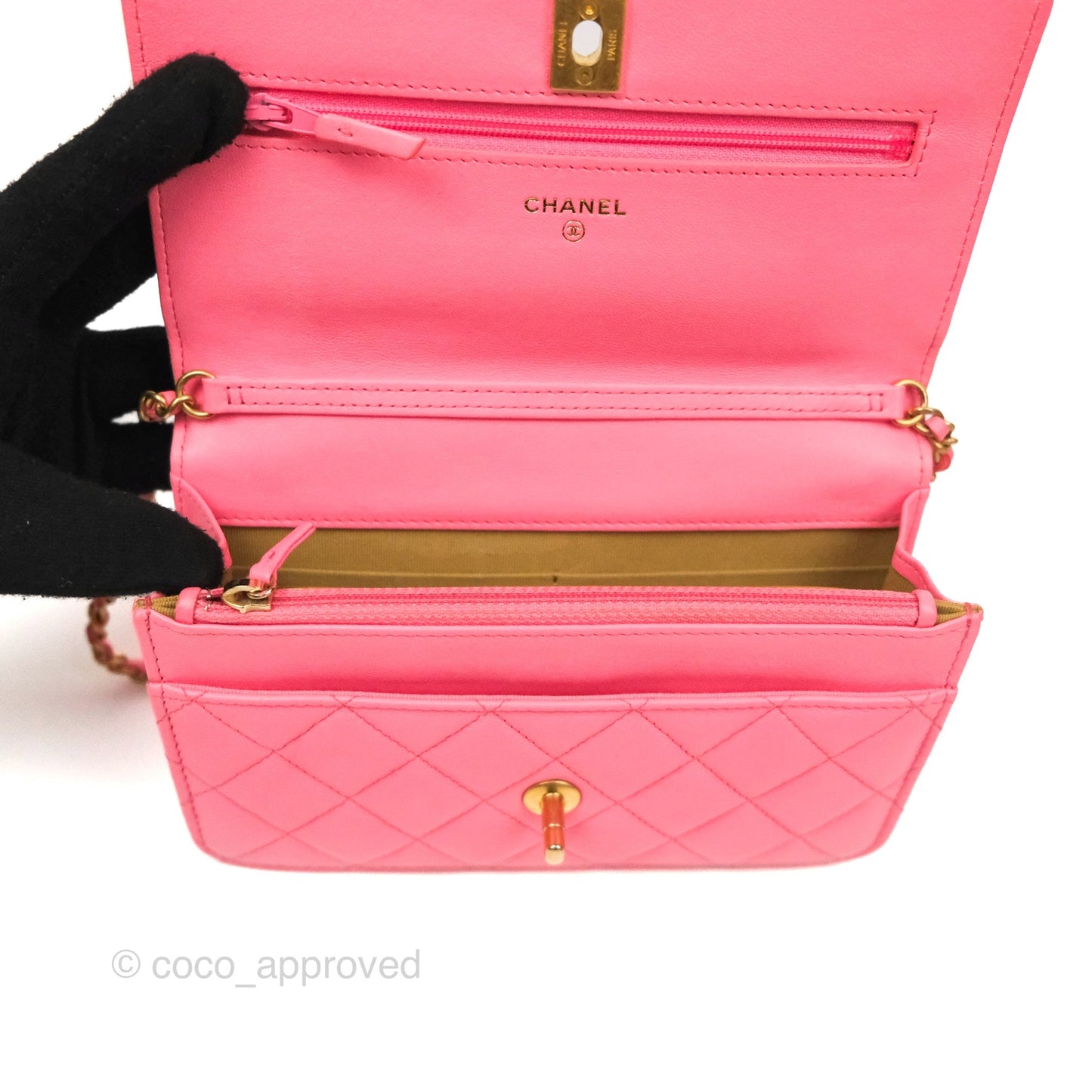 Chanel Quilted Pearl Crush Wallet on Chain WOC Pink Lambskin Aged Gold Hardware