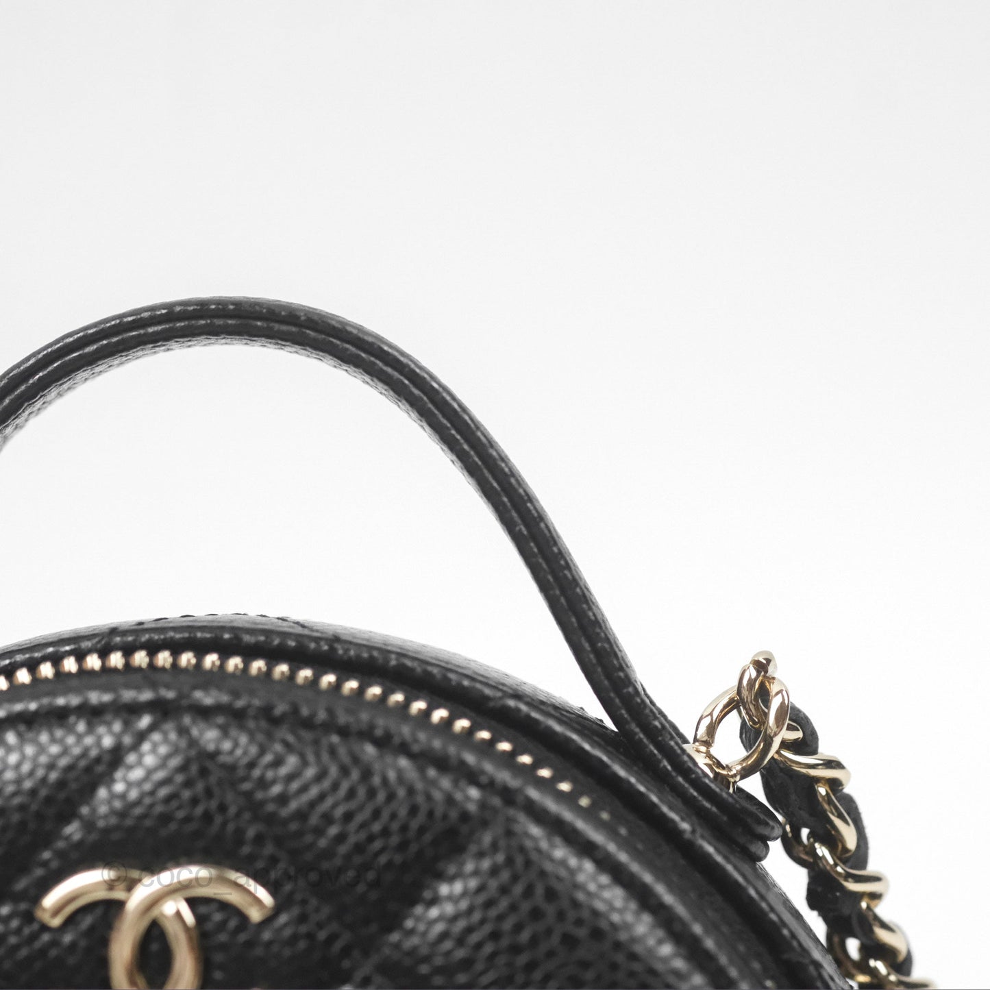 Chanel Mini Round Vanity Bag Handle With Care Black Caviar Gold Hardware